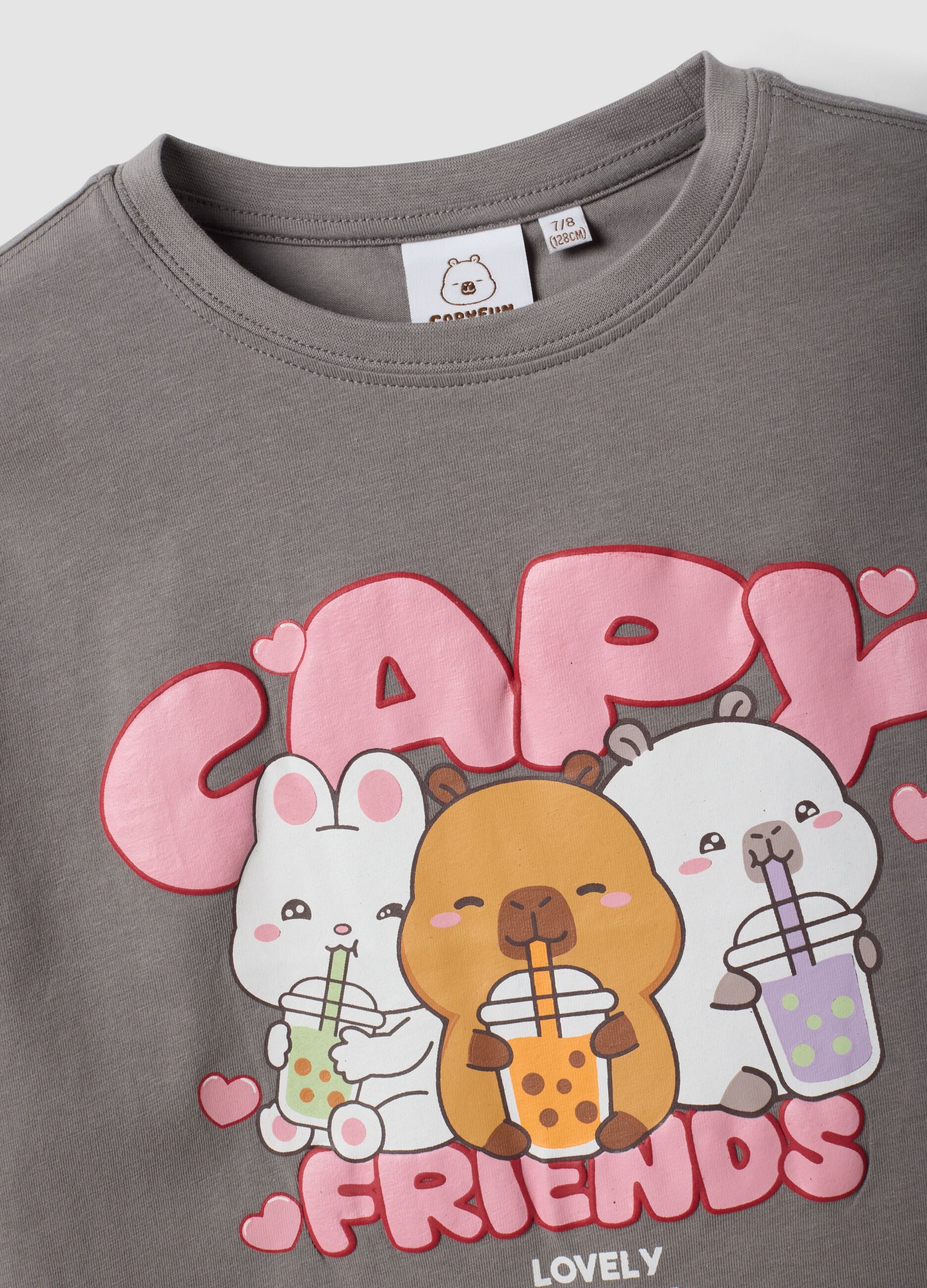 Graues T-Shirt aus Stretch-Baumwolle mit Capybara-Print f&uuml;r M&auml;dchen