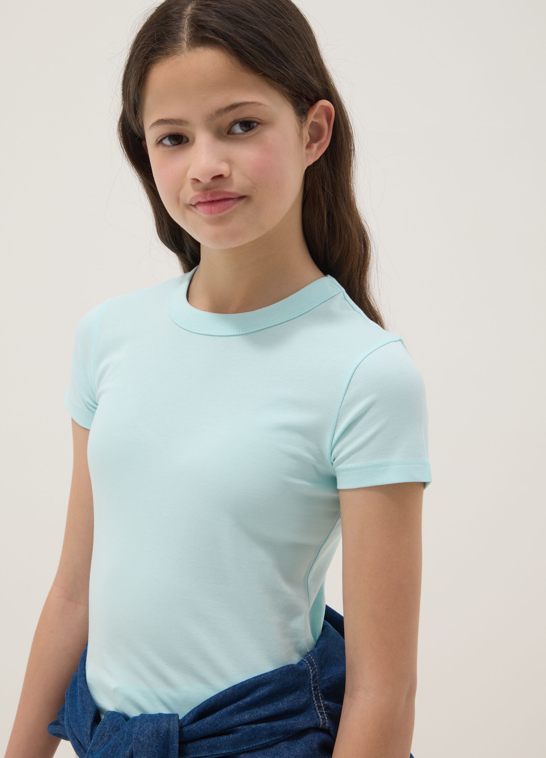 Girls&rsquo; light blue stretch cotton T-shirt, regular fit