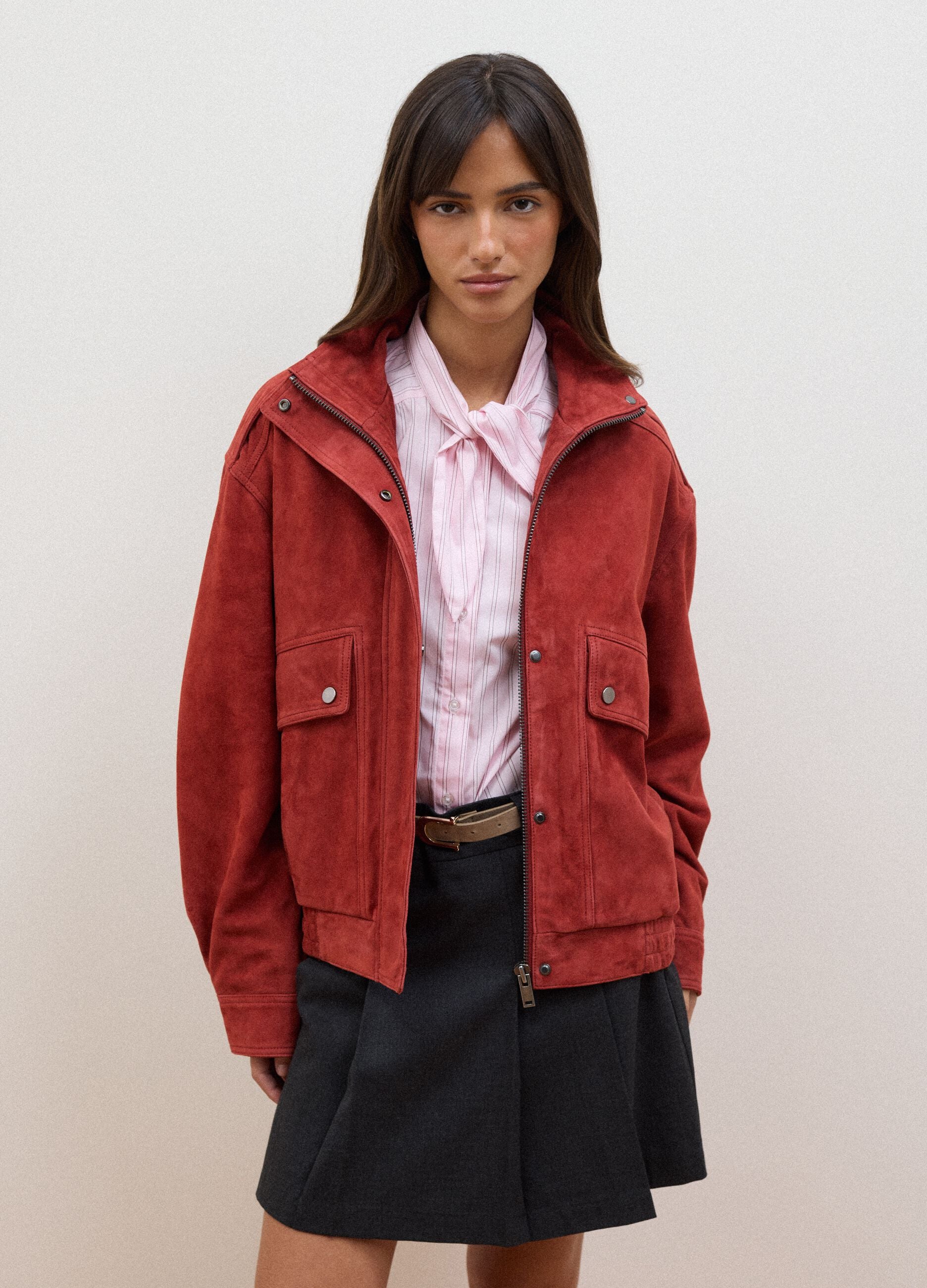 Bomber rosso in vera pelle con zip e bottoni regular fit