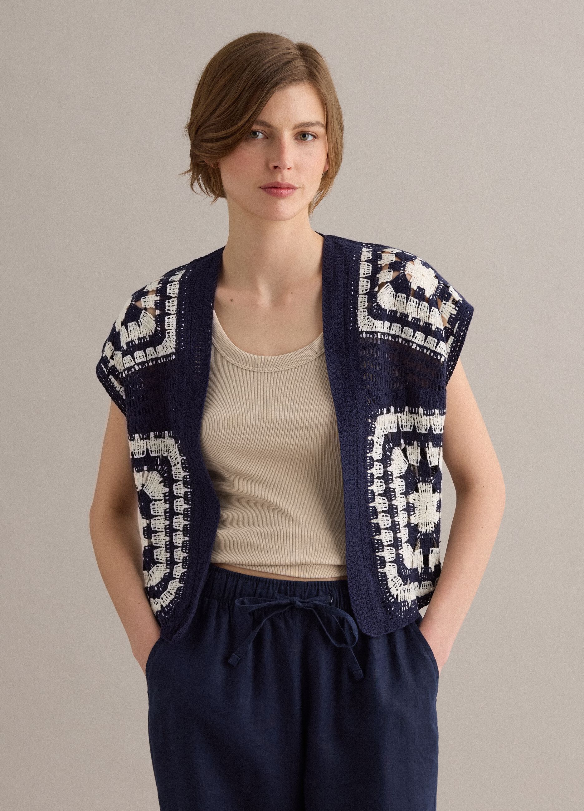 Blue and white regular-fit crochet cotton-blend gilet