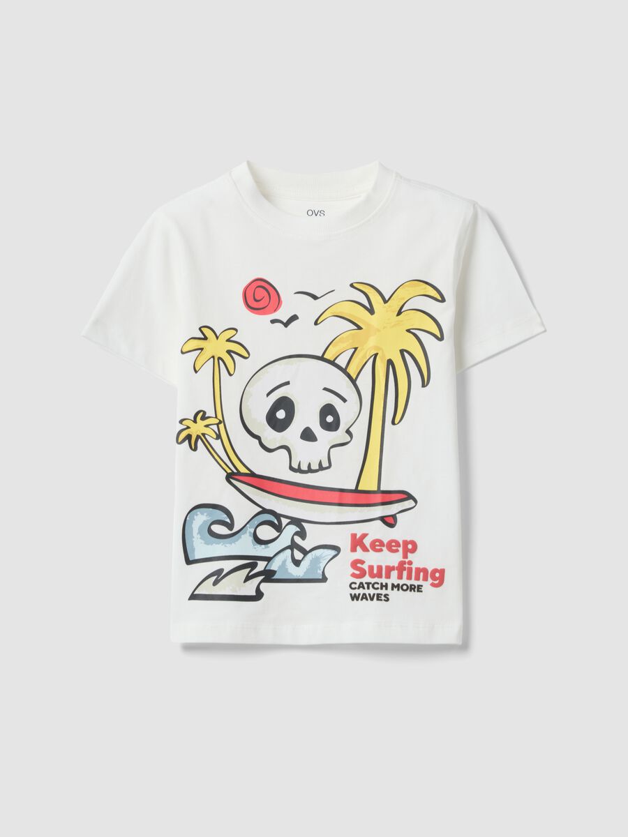 White pure cotton boys&rsquo; T-shirt with surf print, regular fit_0