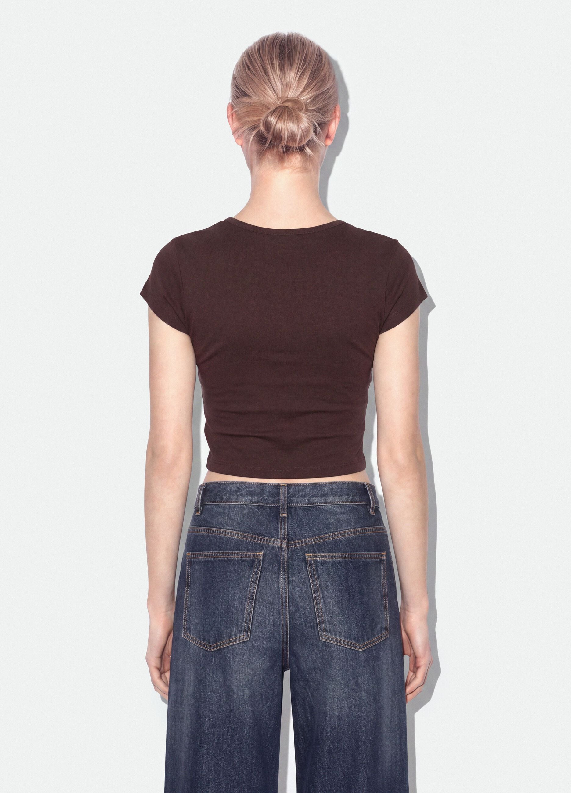 Brown pure cotton crew-neck T-shirt with slogan