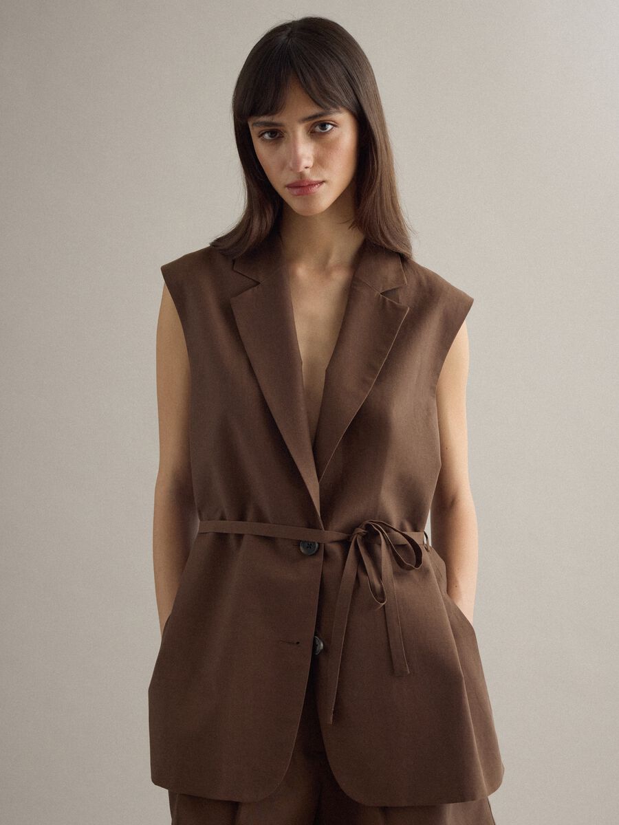 Brown regular fit lyocell and linen blend waistcoat with belt_1