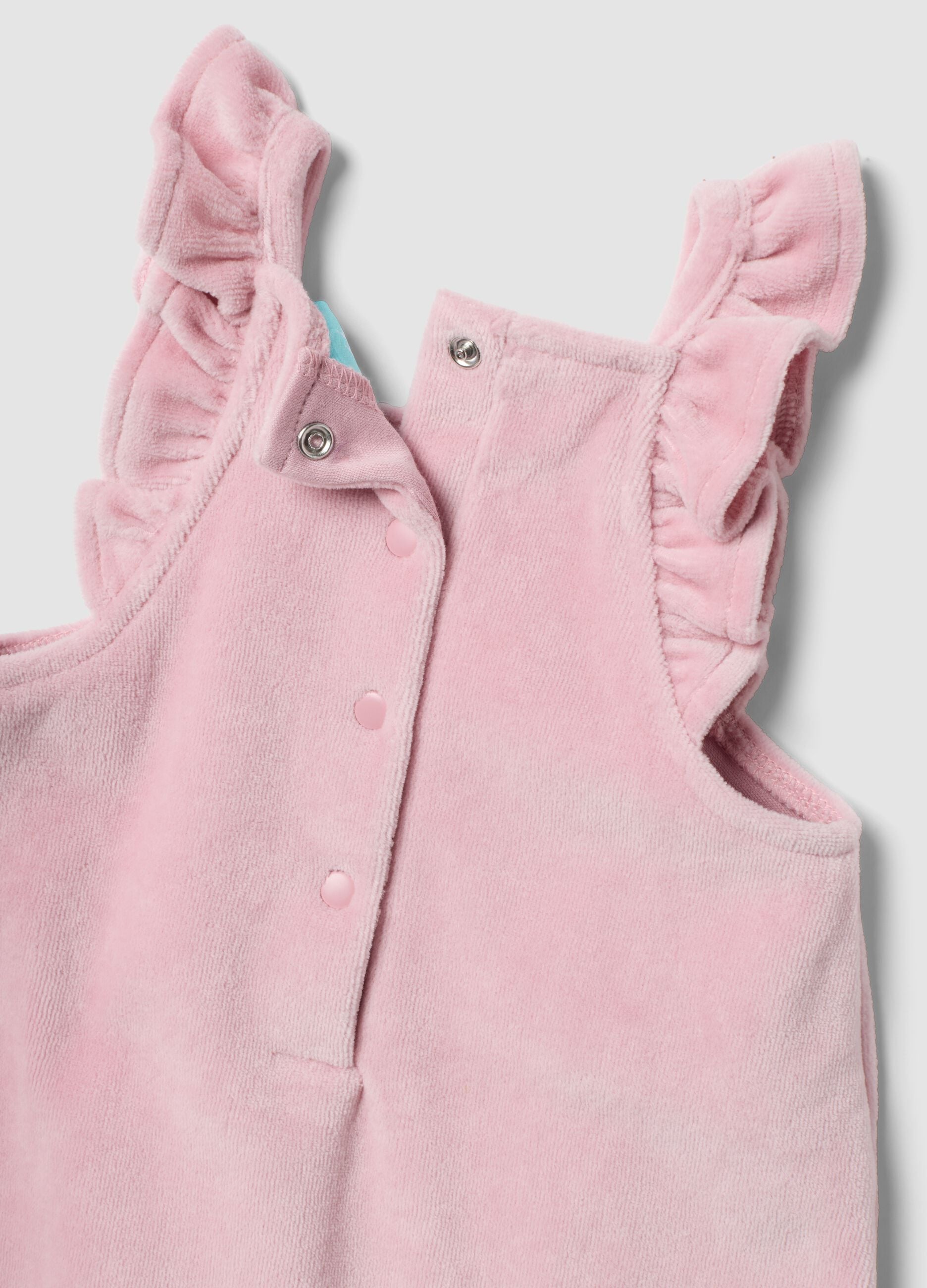 Conjunto rosa e branco em mistura de algod&atilde;o org&acirc;nico com bordado da Minnie para beb&eacute; menina