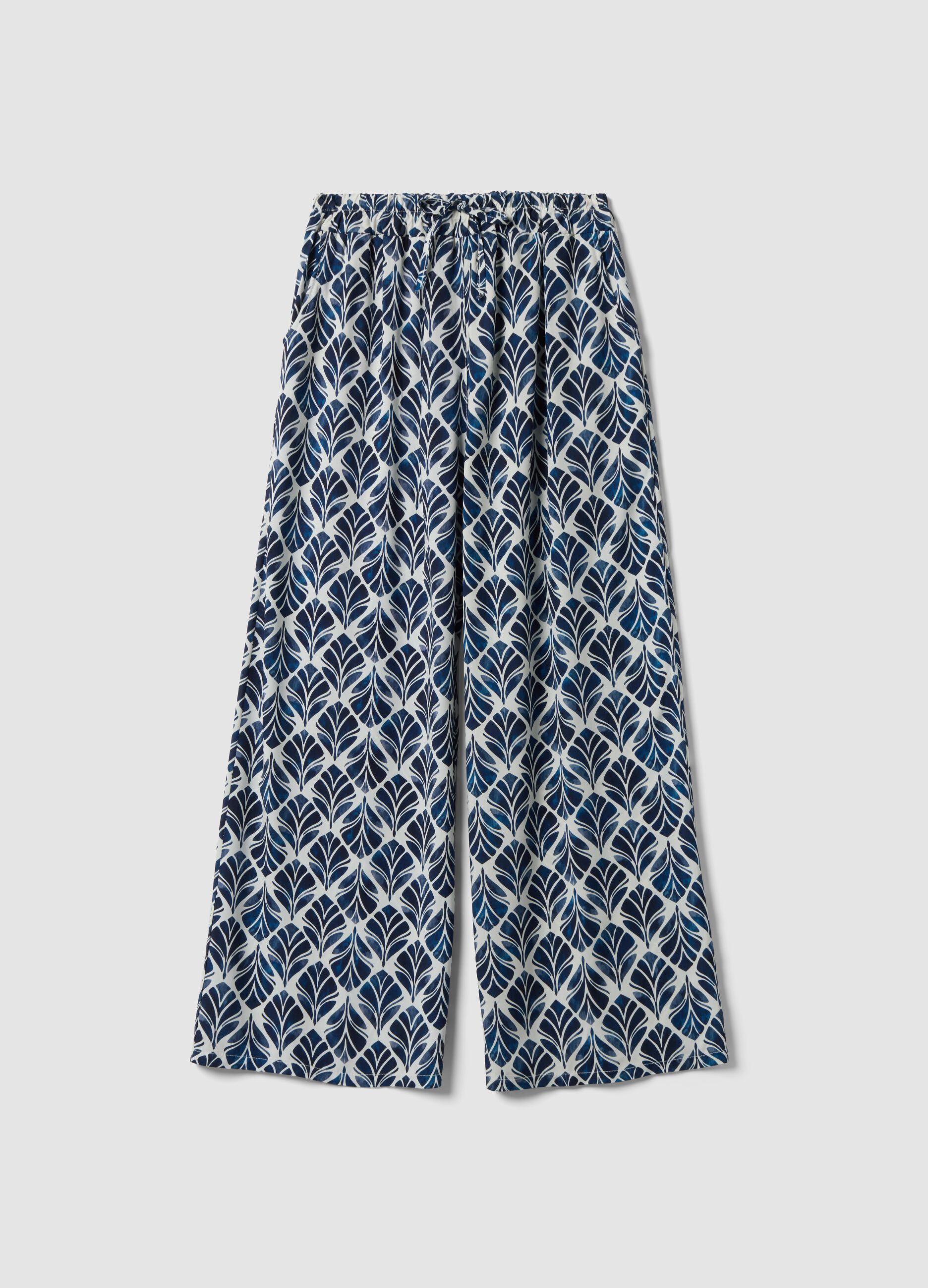 Blue pure viscose wide-leg patterned trousers, regular fit