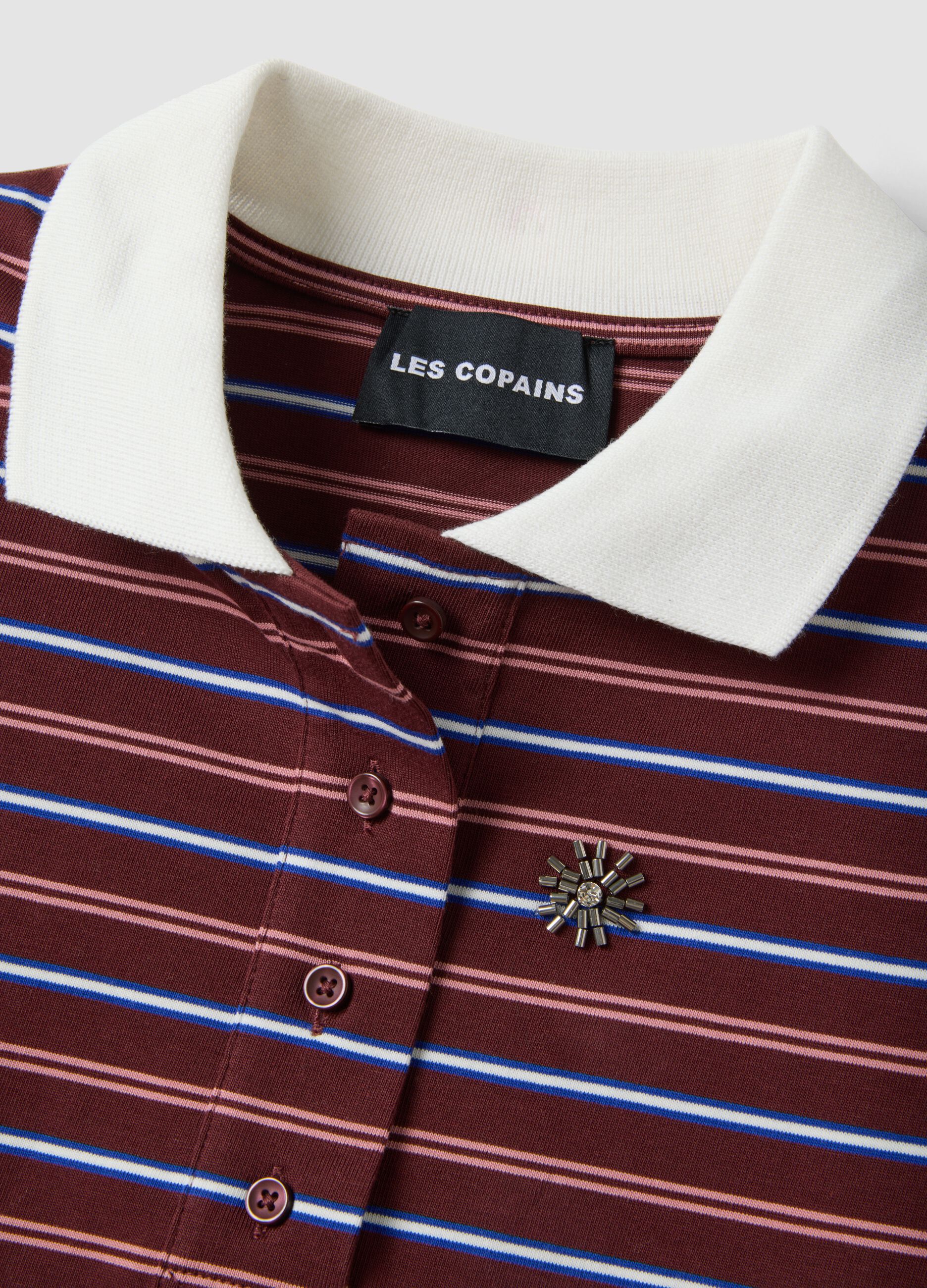 Multicolour striped pure cotton polo with oversized collar