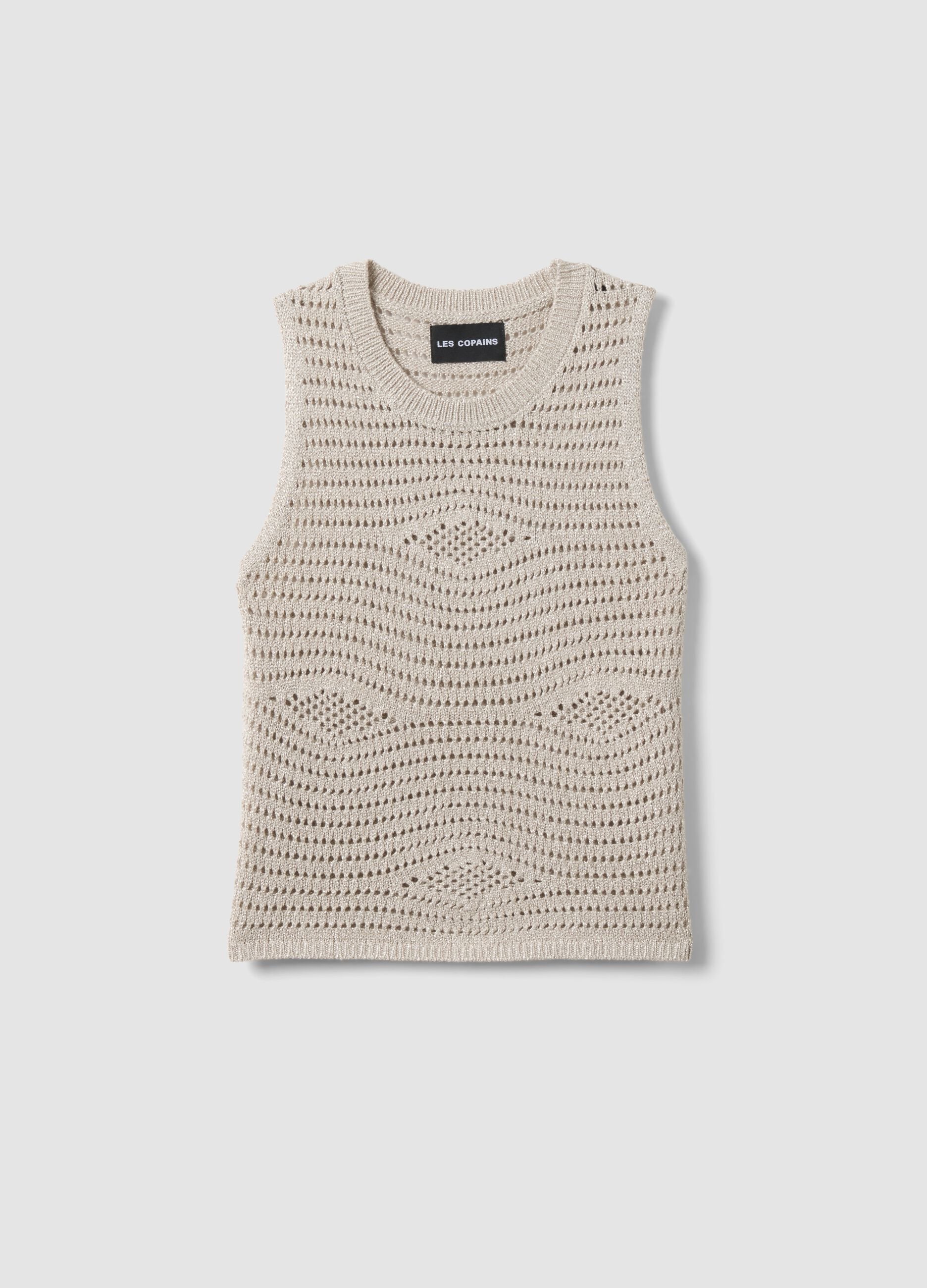 Beige open-knit viscose-blend vest top