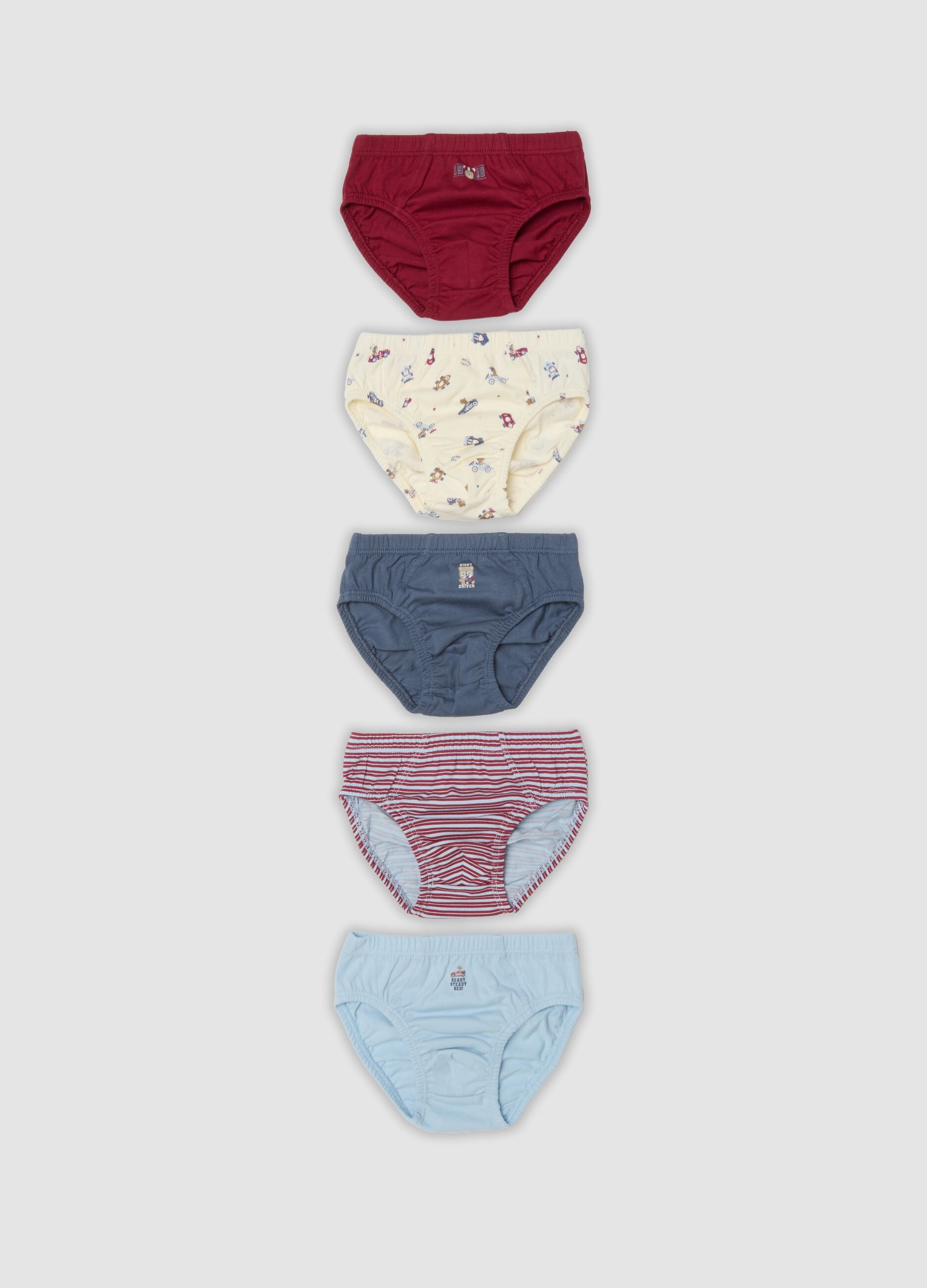 Multipack de cinco slips multicolor em puro algod&atilde;o org&acirc;nico para beb&eacute; e menino