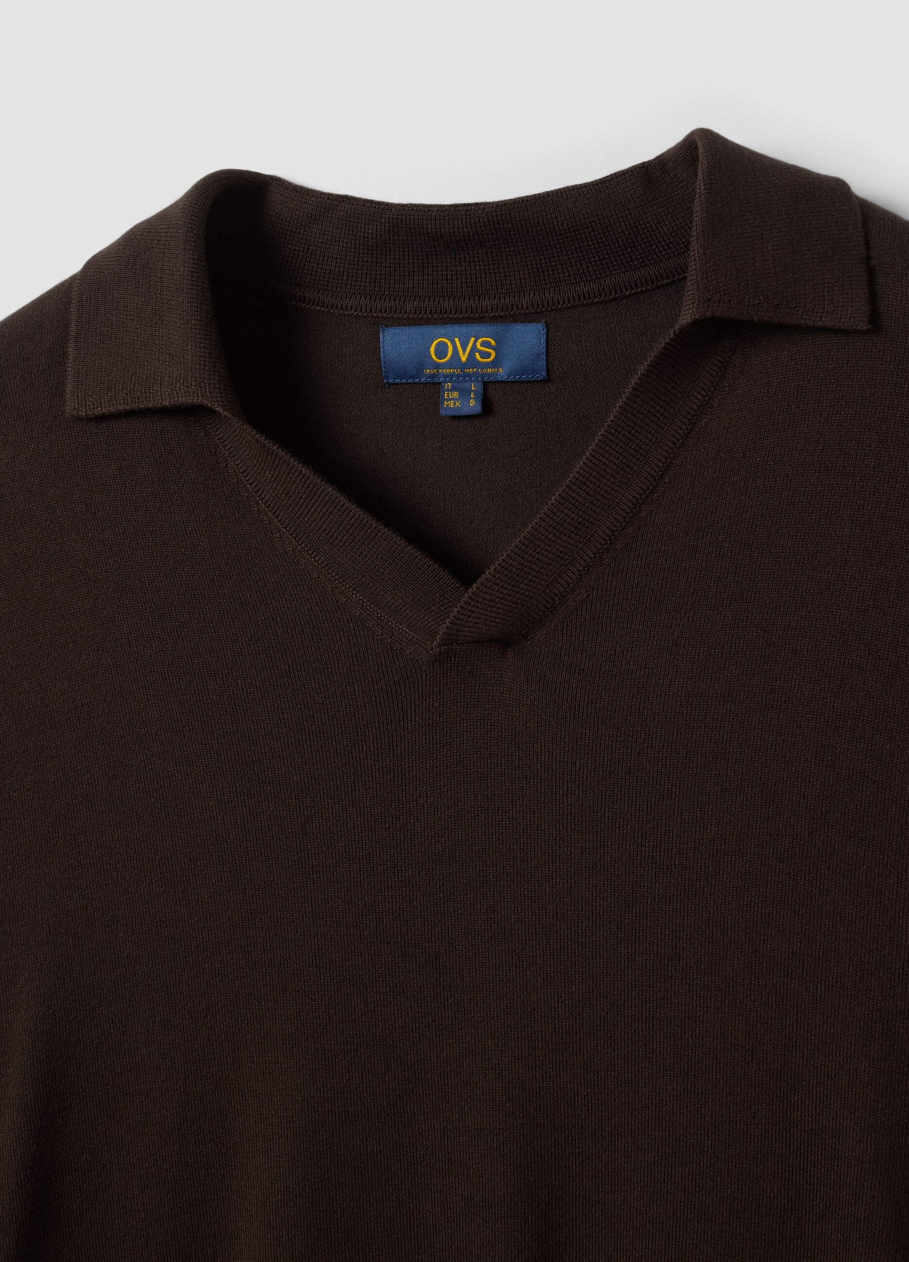 Brown viscose-blend polo with V-neck, regular fit