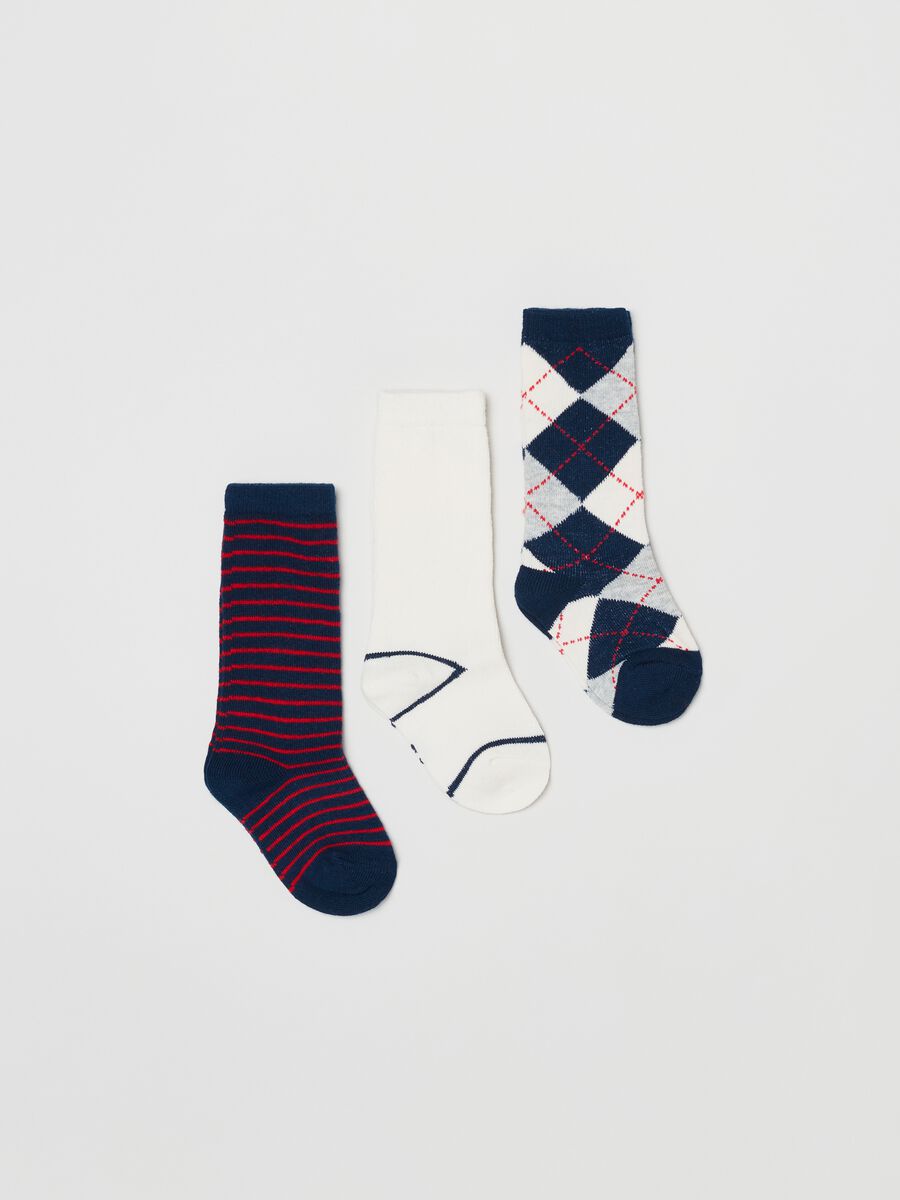 Three-pair pack long socks with diamond and striped pattern_0