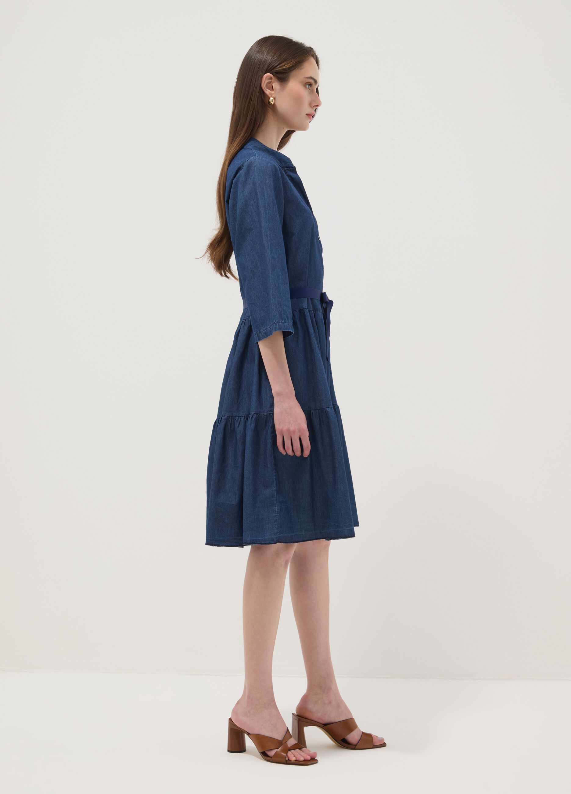 Blue stretch-cotton shirt dress with belt, regular fit