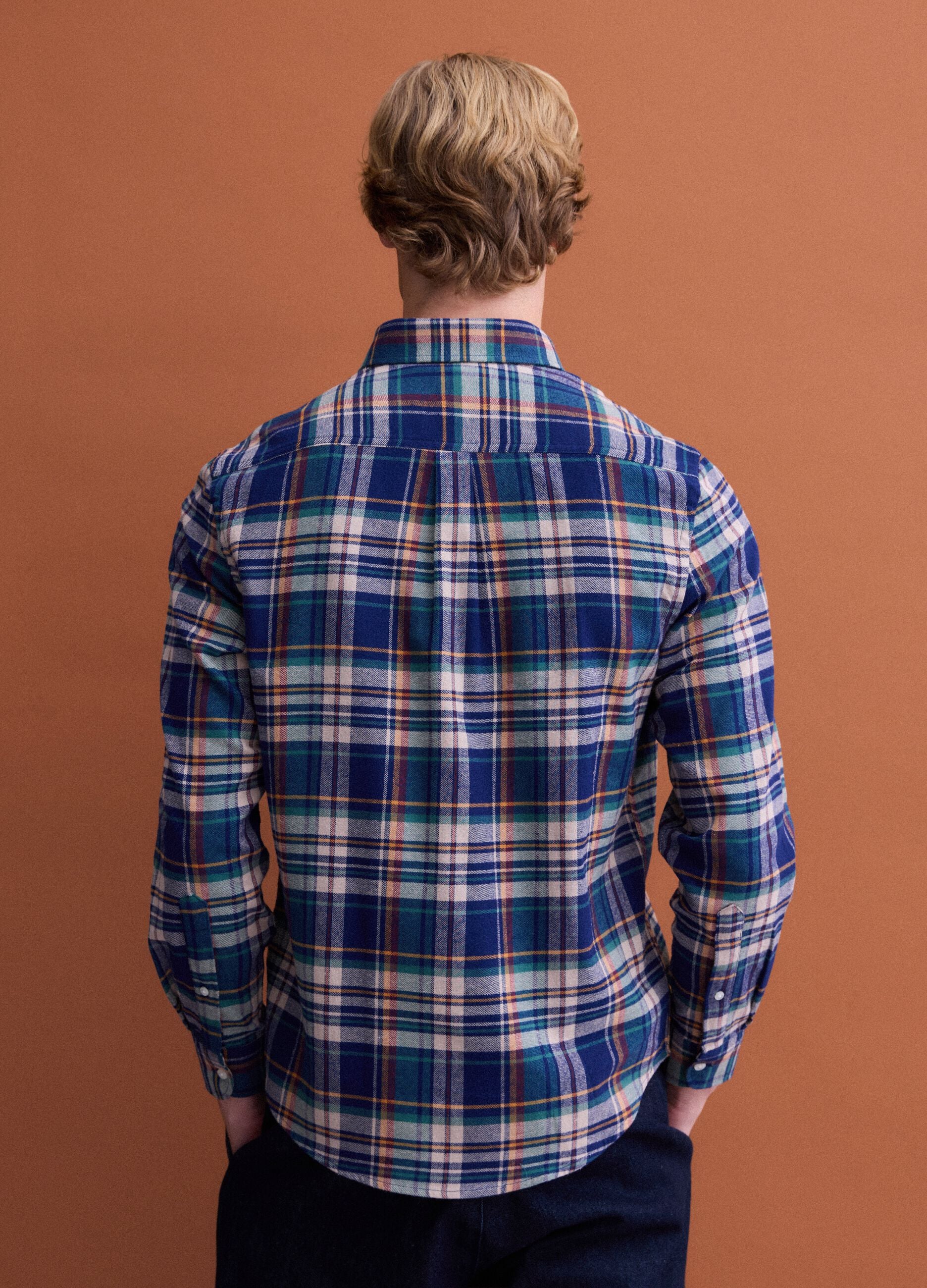 Blue and green checked pure cotton flannel shirt, regular fit