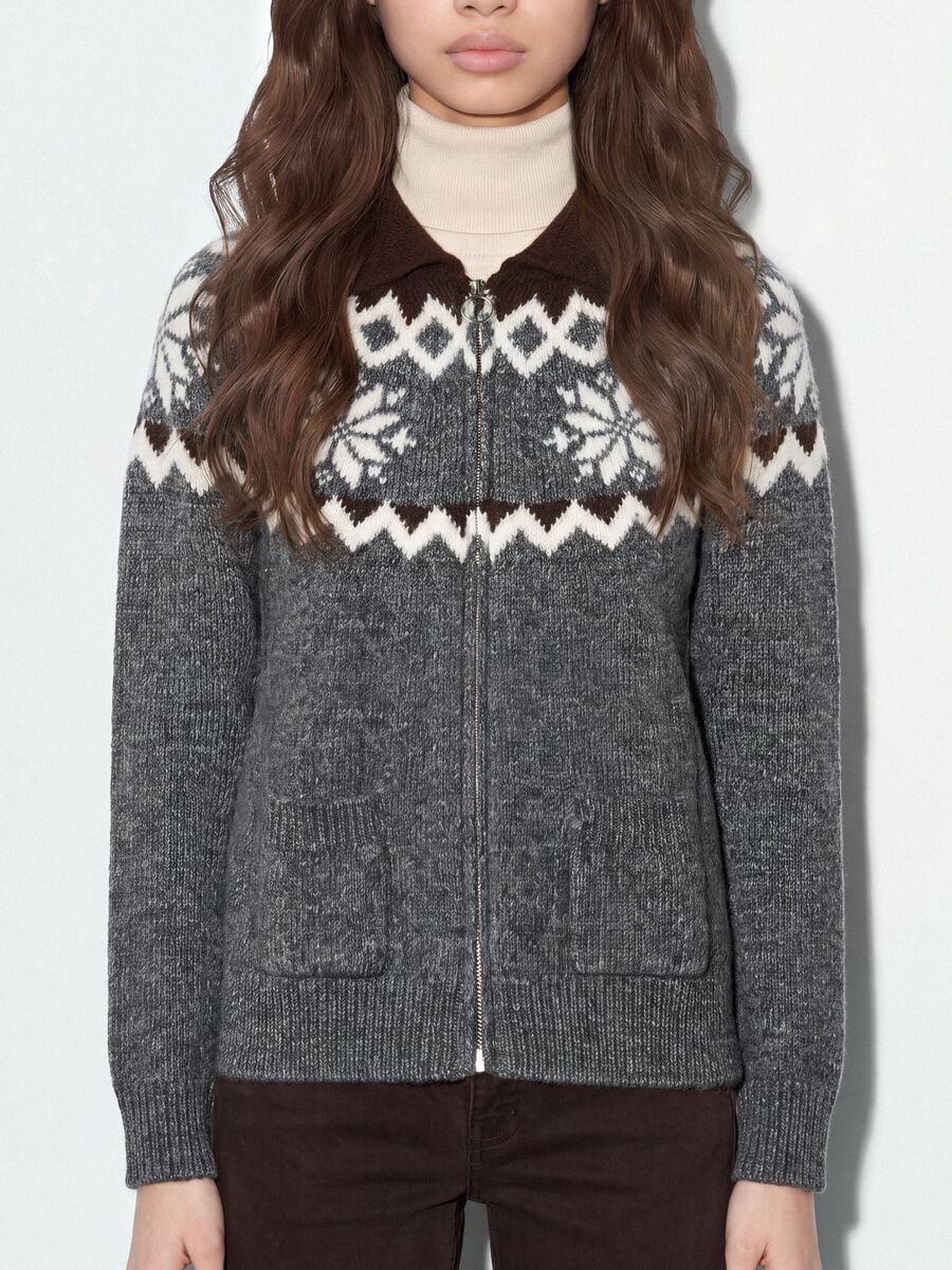 Grey jacquard cardigan with collar and zip, regular fit_2