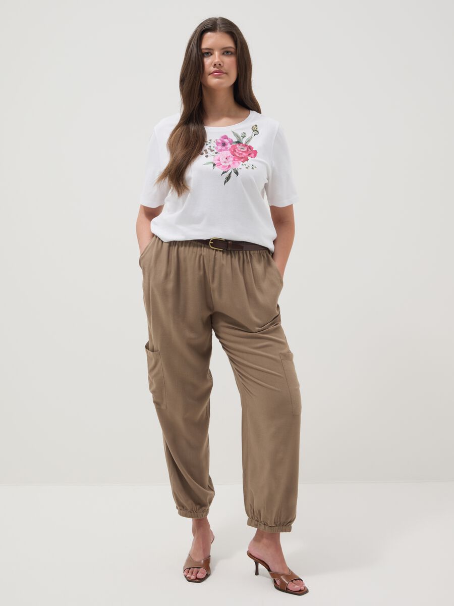 Cal&ccedil;as jogger castanhas em mistura de viscose e linho, corte regular_0