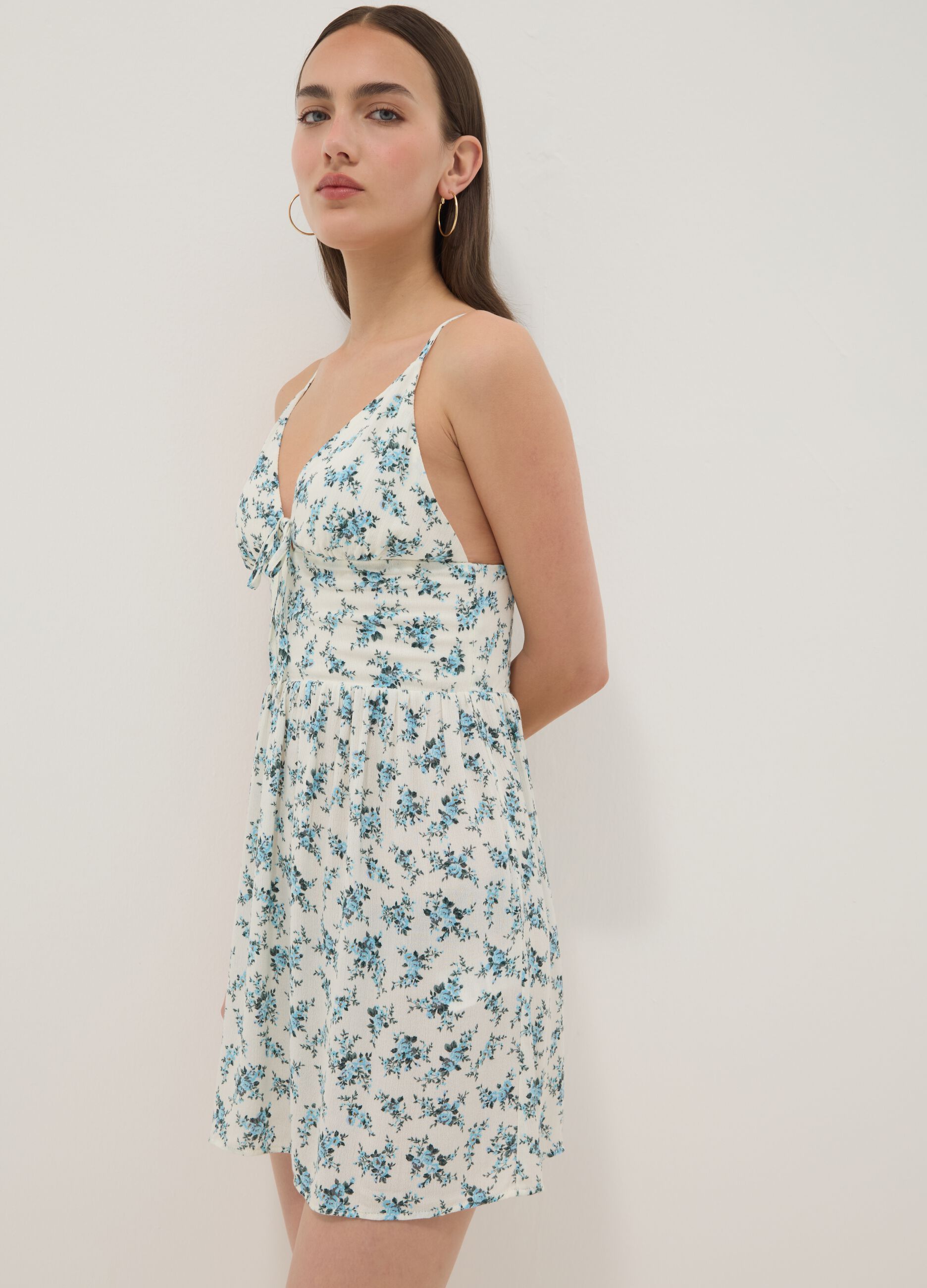 White floral mini dress in pure viscose