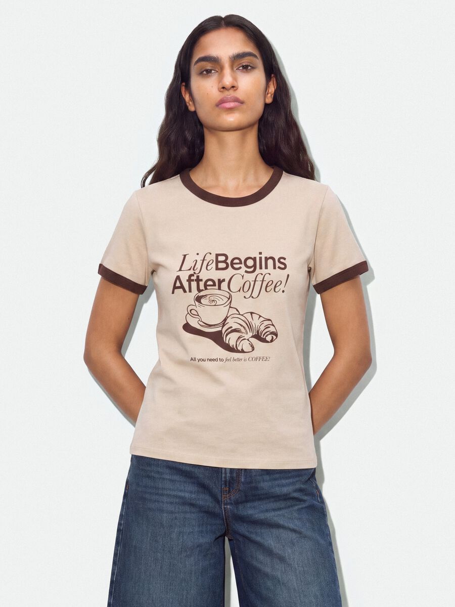Pink cotton T-shirt with front graphic print and contrast trims_0
