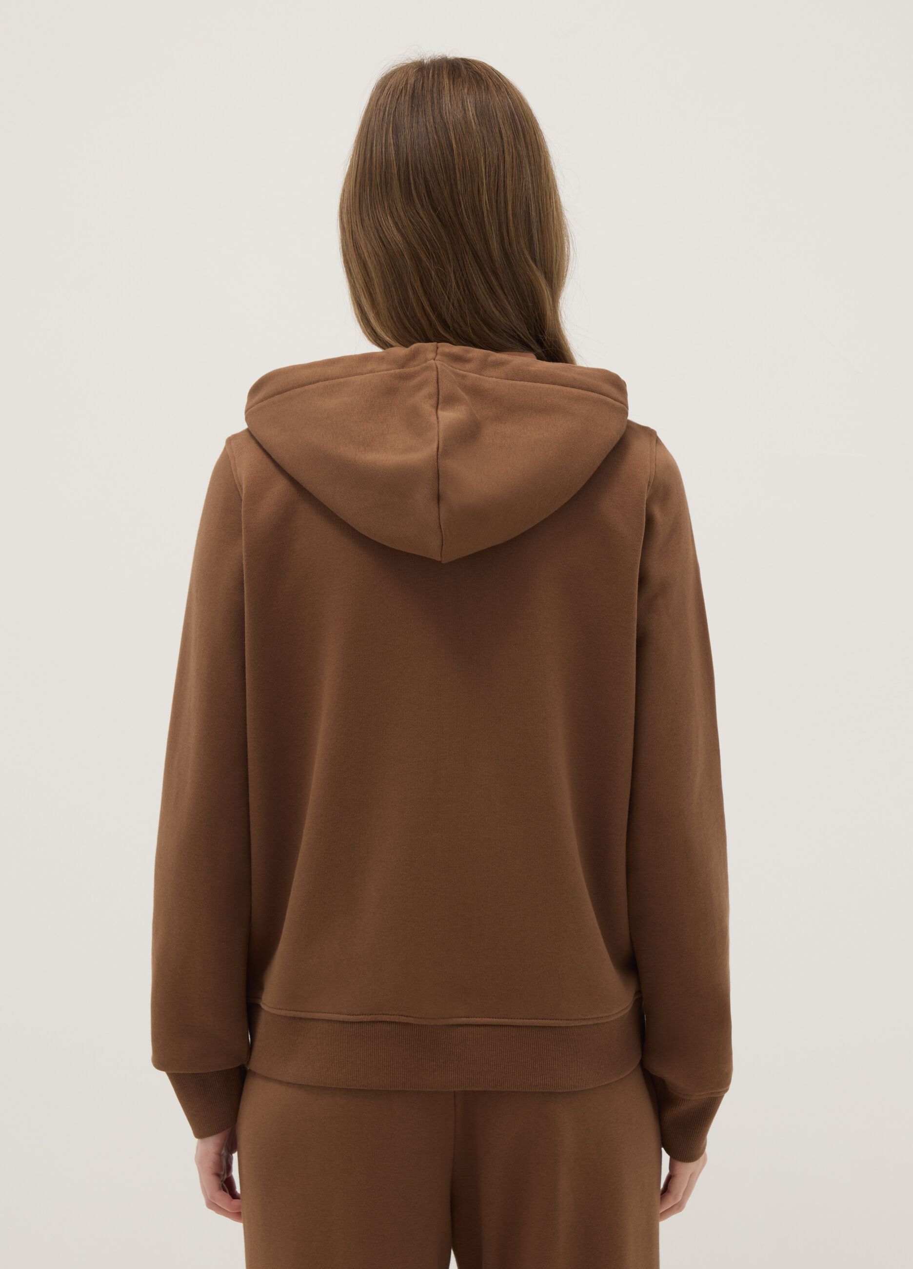 Brown cotton blend regular fit hoodie with zip