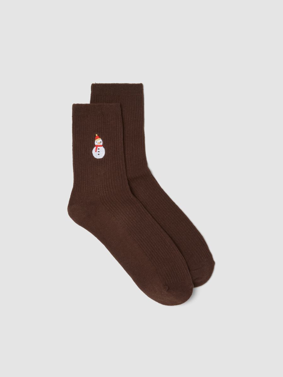 Brown stretch organic cotton-blend socks with Christmas detail_0