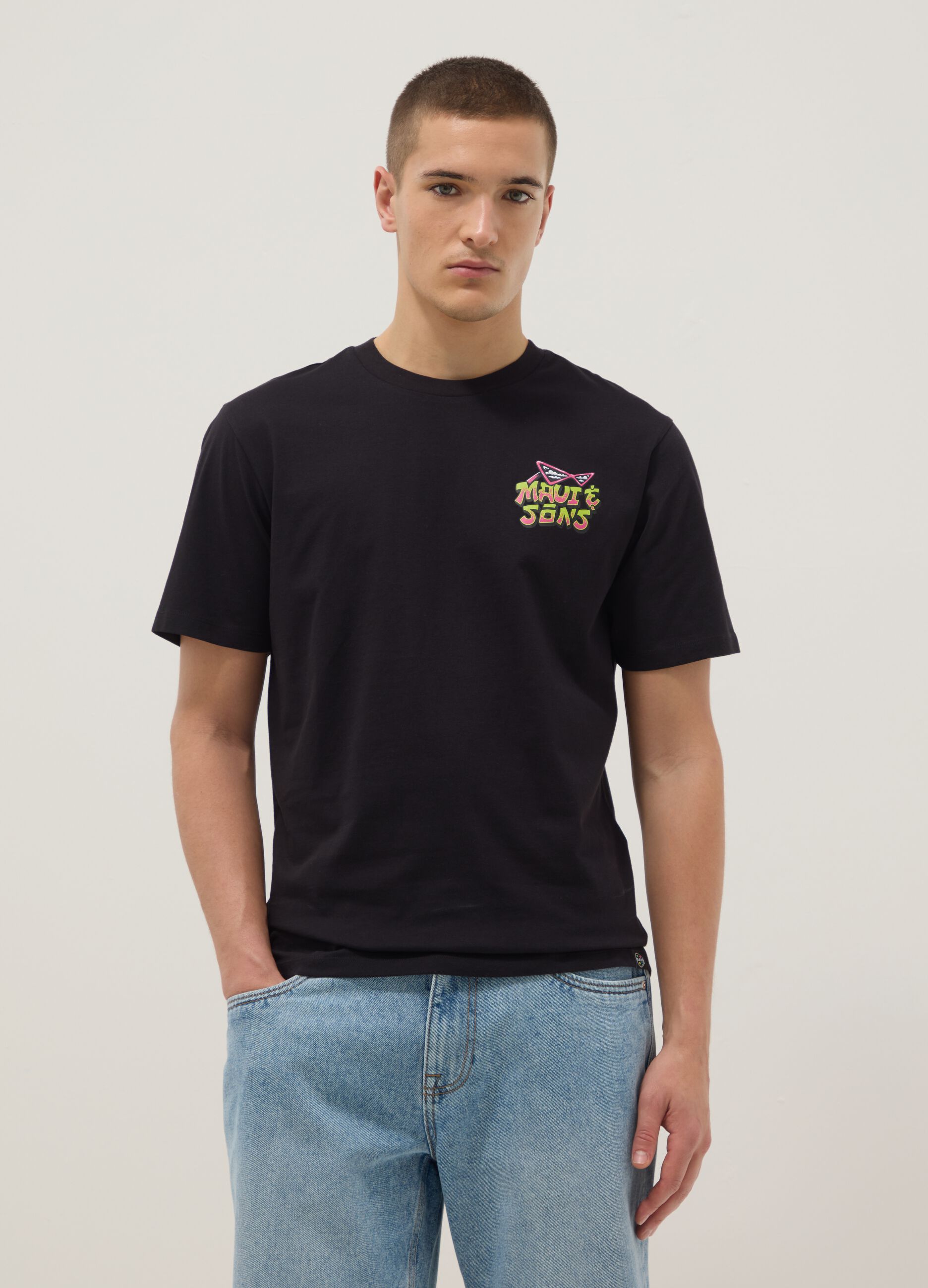 Black pure cotton relaxed-fit T-shirt with print