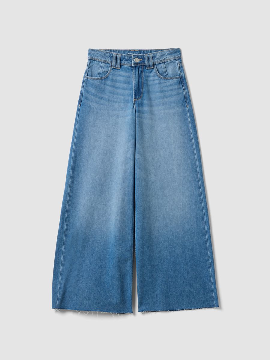 Girls' wide leg denim blue pure cotton jeans_3