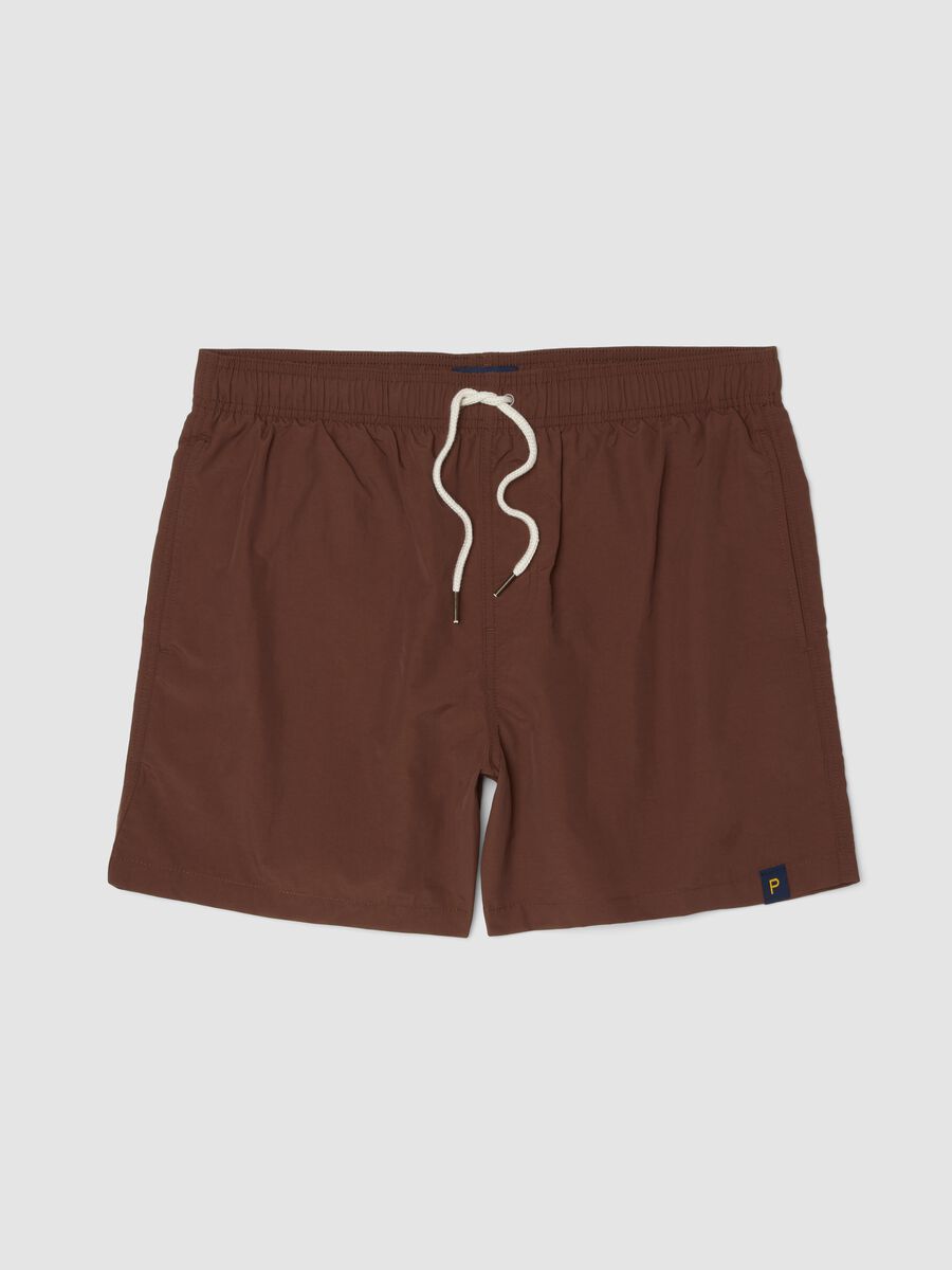Brown swim shorts with elasticated waistband and drawstring_0