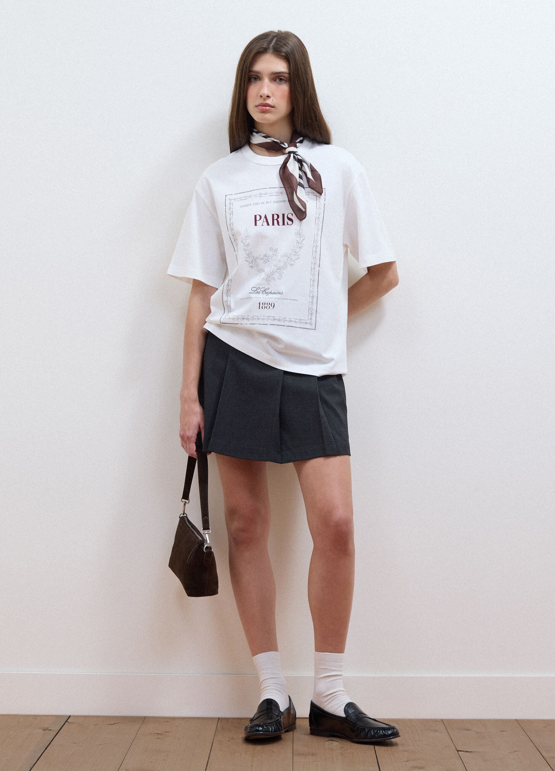 White pure cotton crew-neck T-shirt with print, relaxed fit