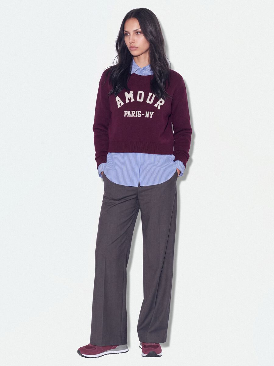 Maglia viola in misto viscosa e lana con scollo a V e inserto camicia_1