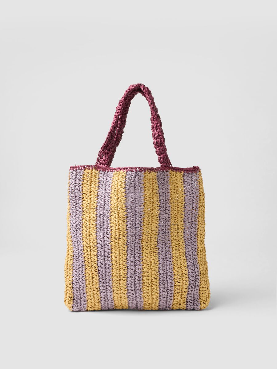 Mehrfarbig gestreifte Strandtasche aus reinem Papierstoff mit Schriftzug_1