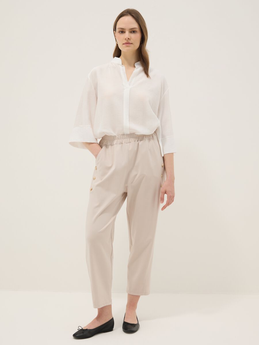 Beige Regular-Fit-Hose aus Stretch-Baumwolle mit elastischem Bund_0
