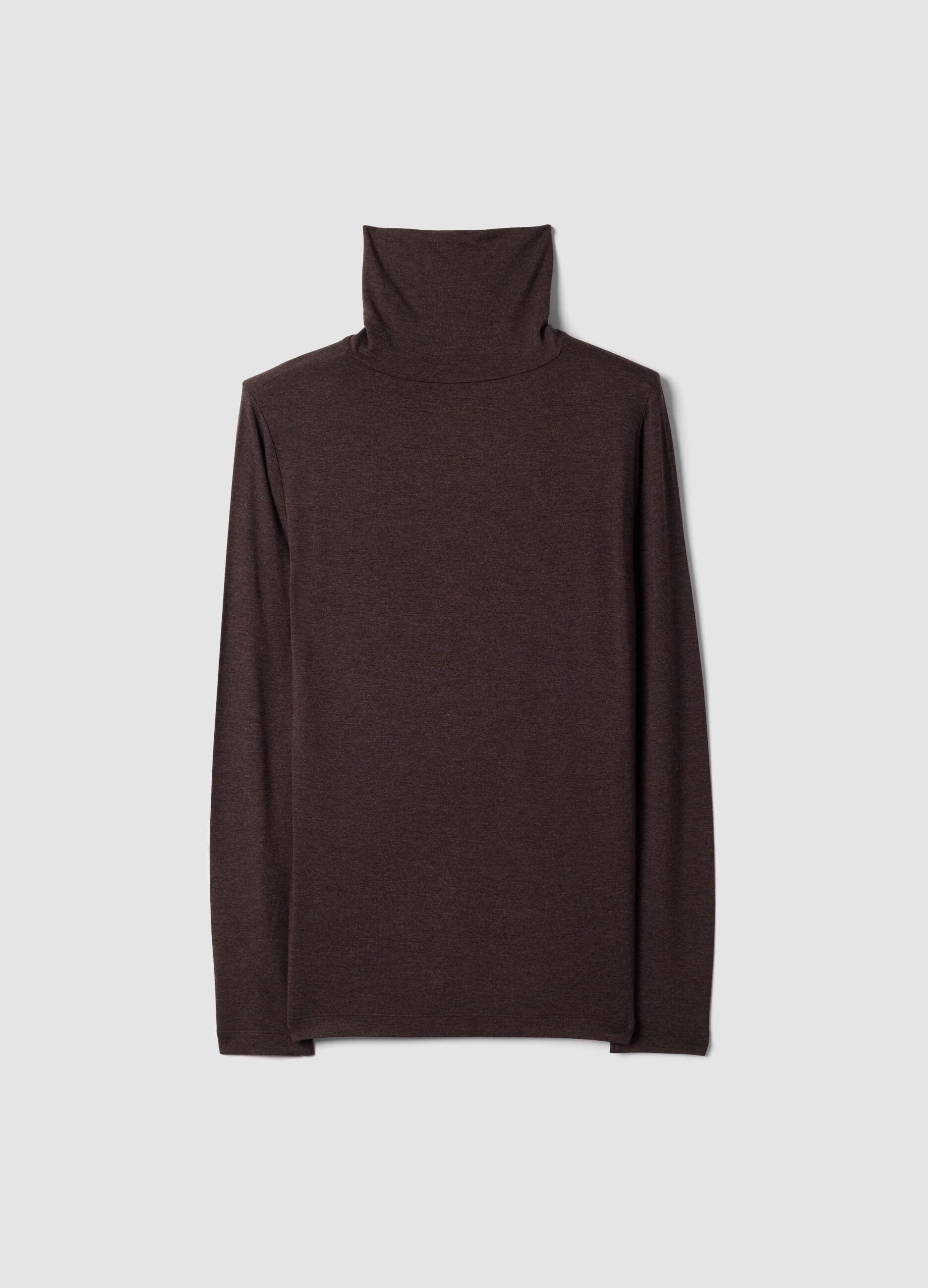 Brown stretch viscose top with mock neck, regular fit