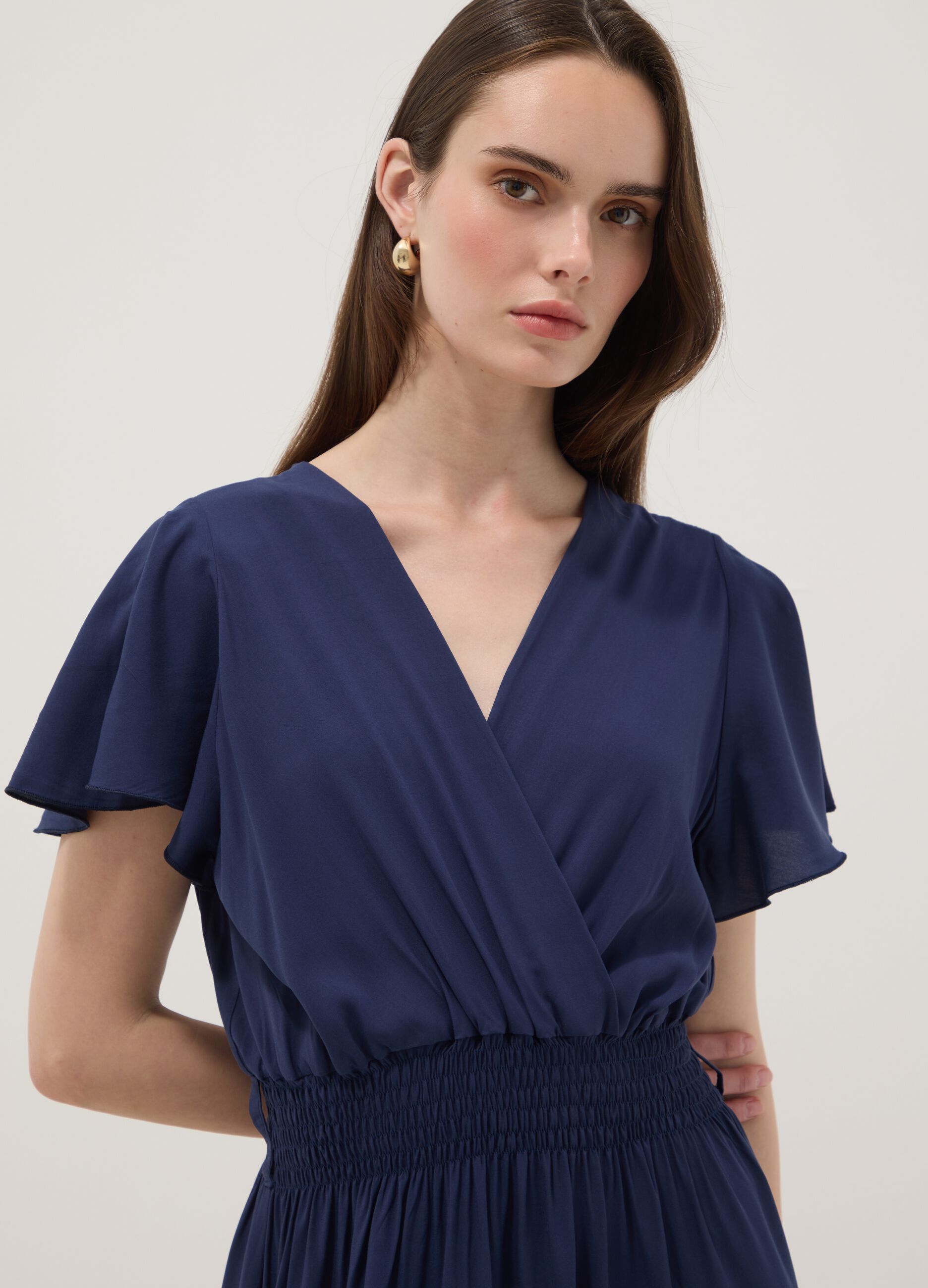 Long blue pure-viscose dress with wrap V-neck, regular fit