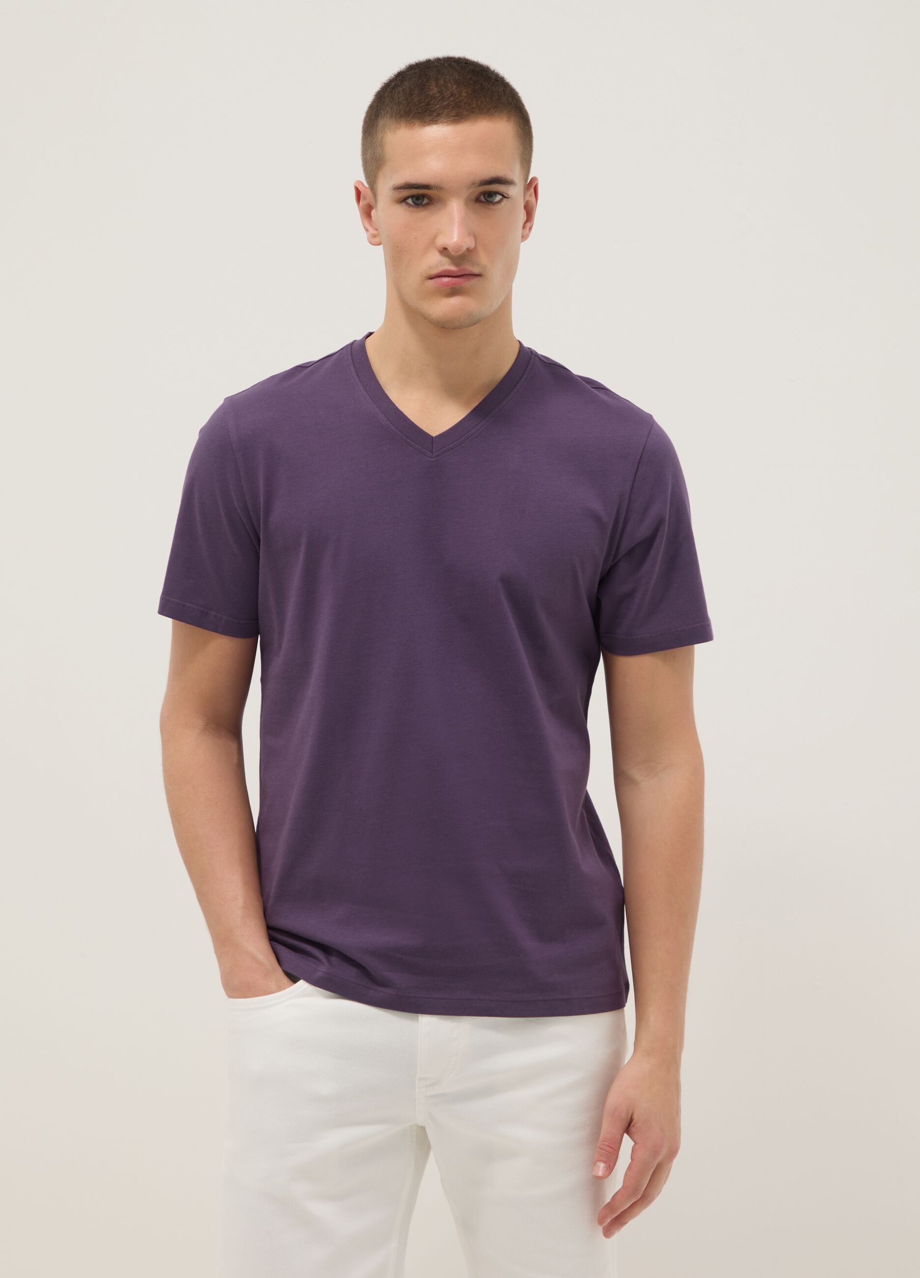 Purple pure cotton regular fit V-neck T-shirt