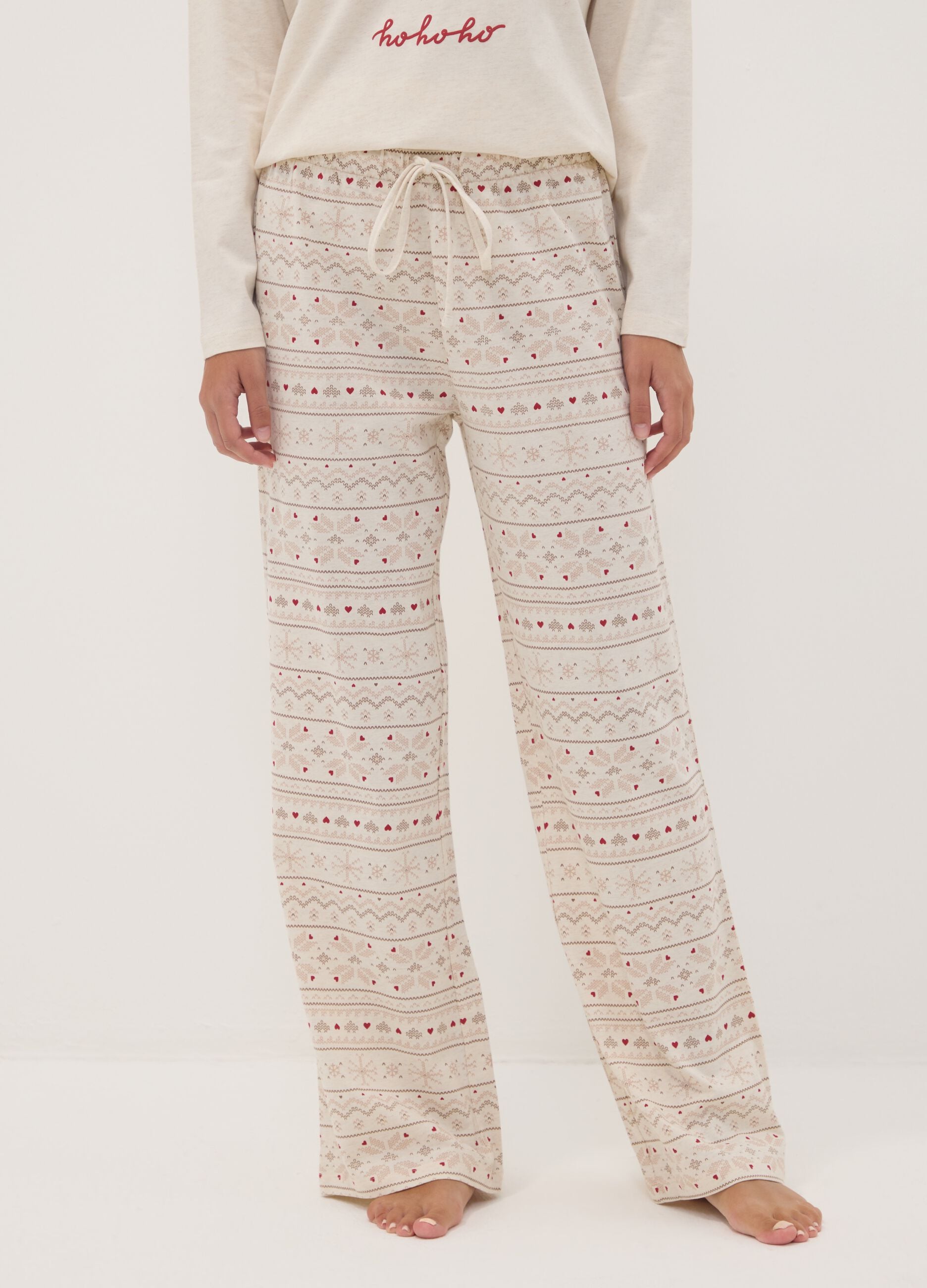 Beige melange organic cotton crew-neck pyjamas