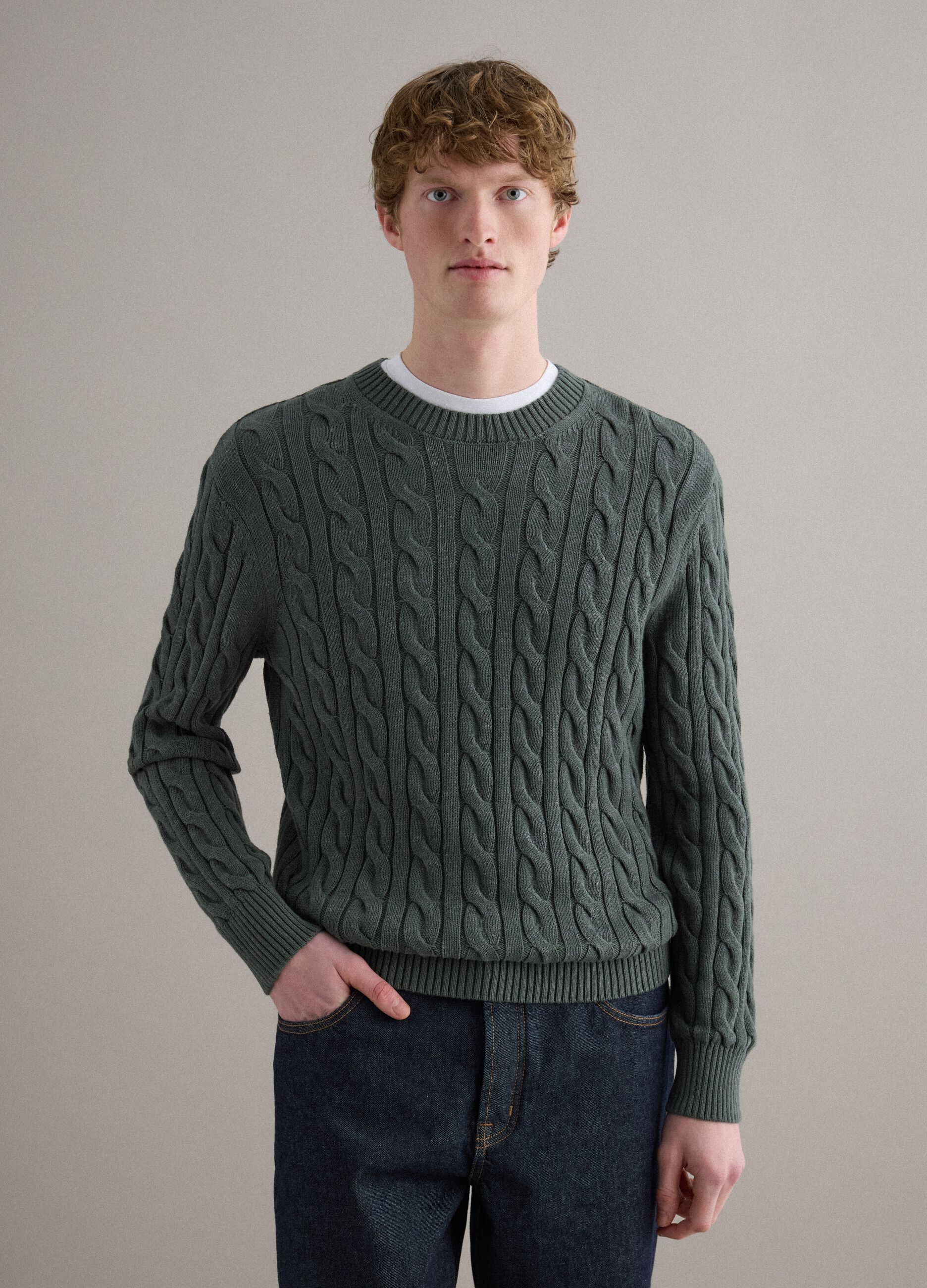 Green pure cotton regular fit jumper with woven design