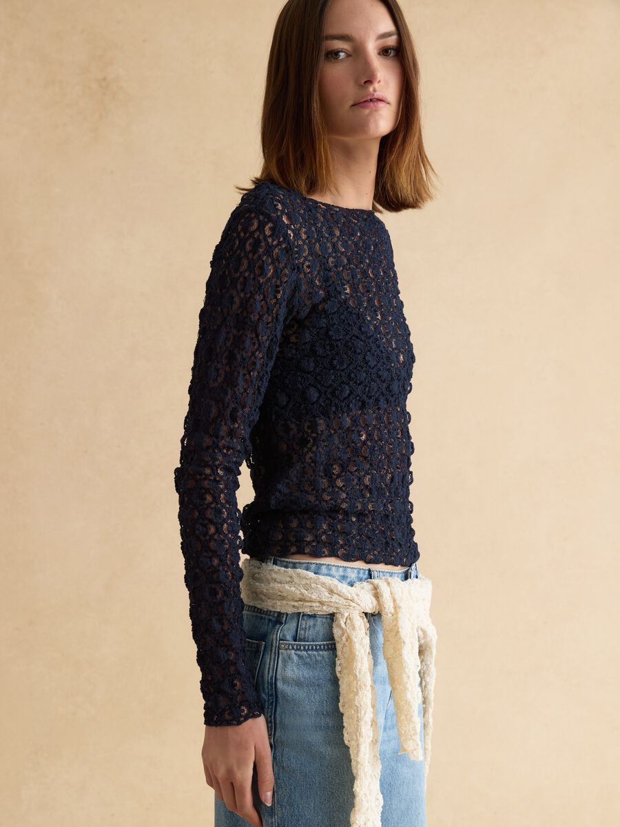 Top azul regular fit em mistura de algod&atilde;o el&aacute;stico com renda_2