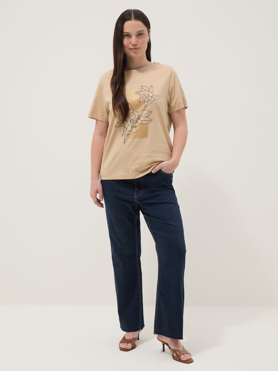 Beiges Kurzarm-T-Shirt aus reiner Baumwolle mit Print, Regular Fit_1