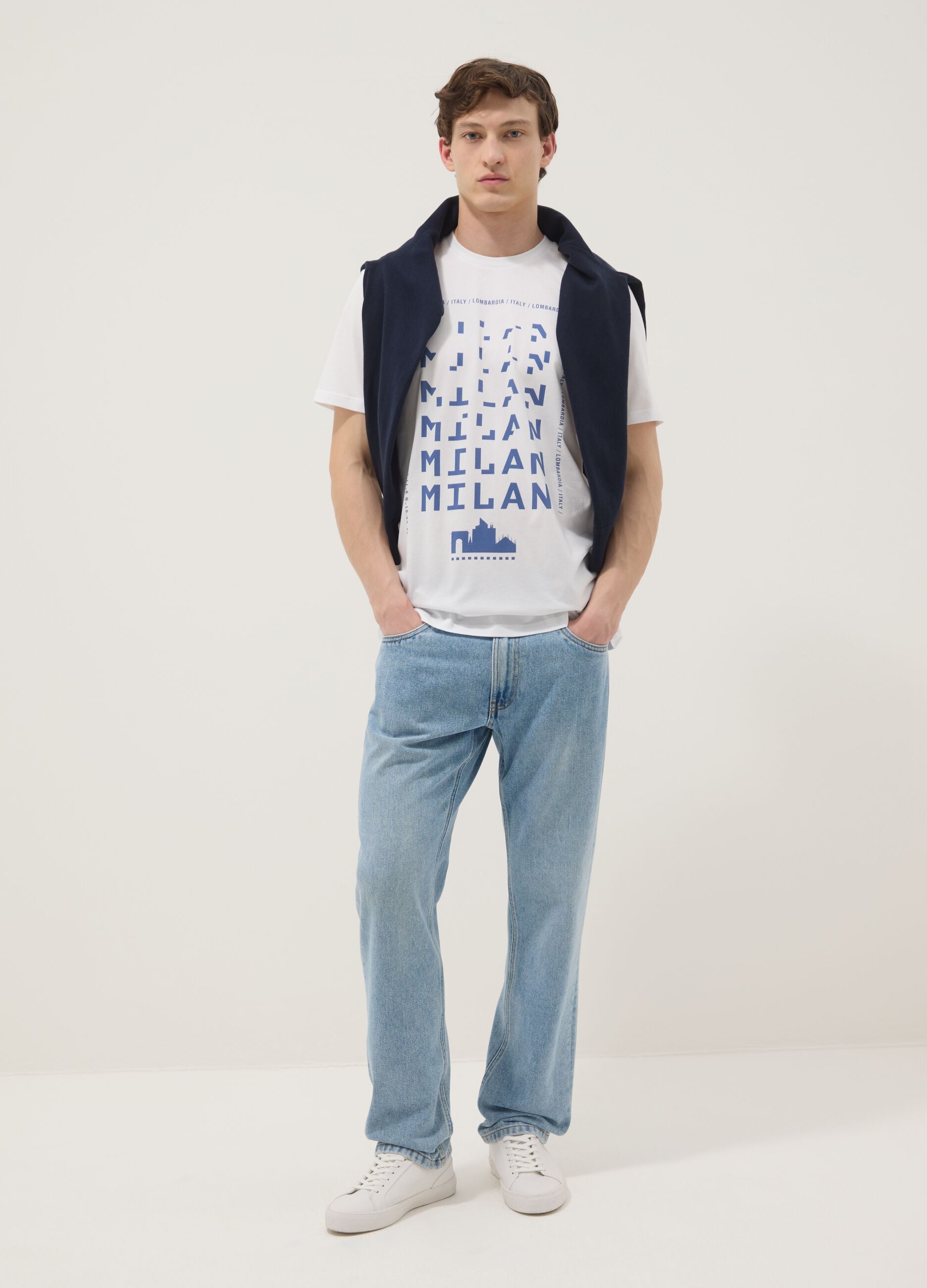 Wei&szlig;es T-Shirt aus reiner Baumwolle mit Print, Regular Fit