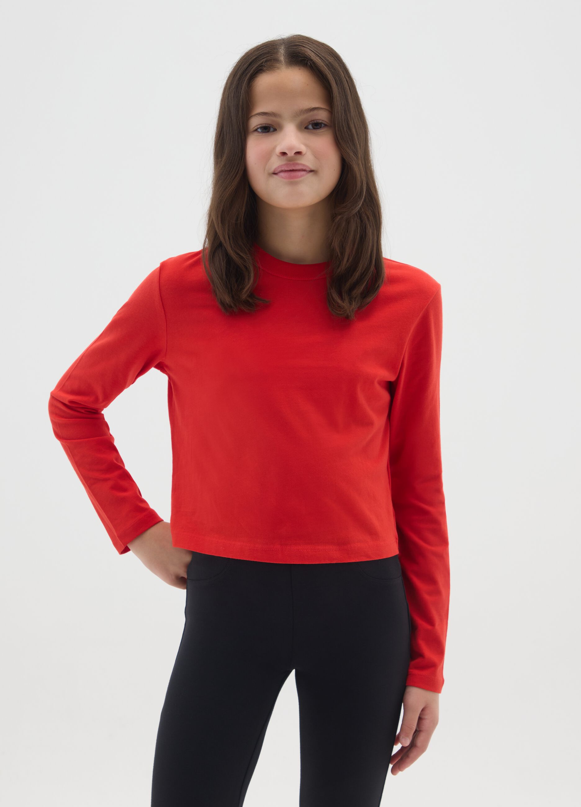 Girls' red long sleeve top in pure cotton regular fit