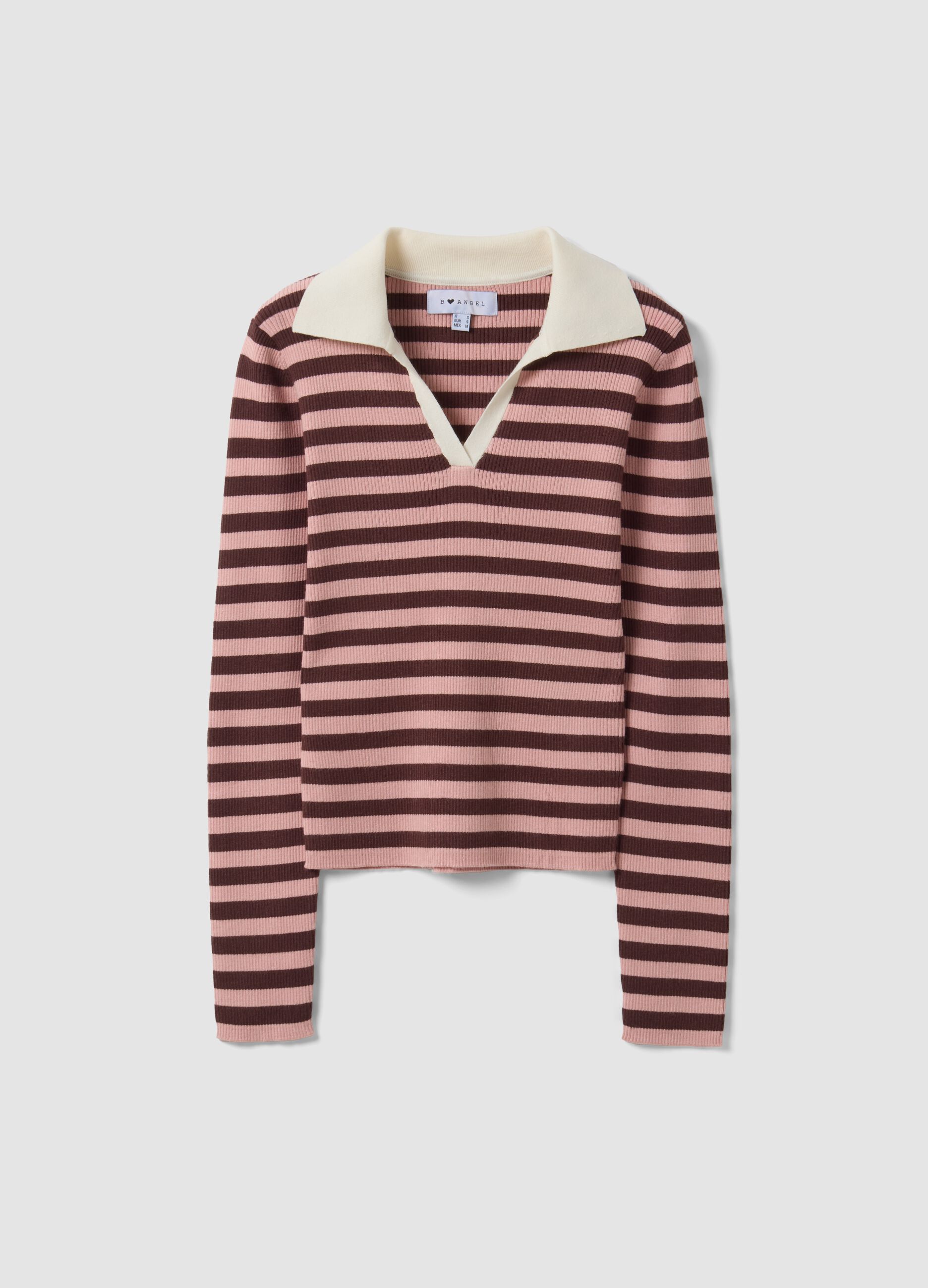 Multicolour striped viscose-blend fitted polo-collar knit top