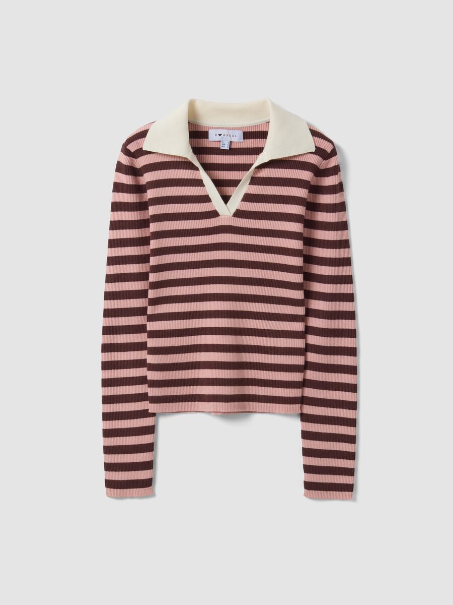 Multicolour striped viscose-blend fitted polo-collar knit top_4
