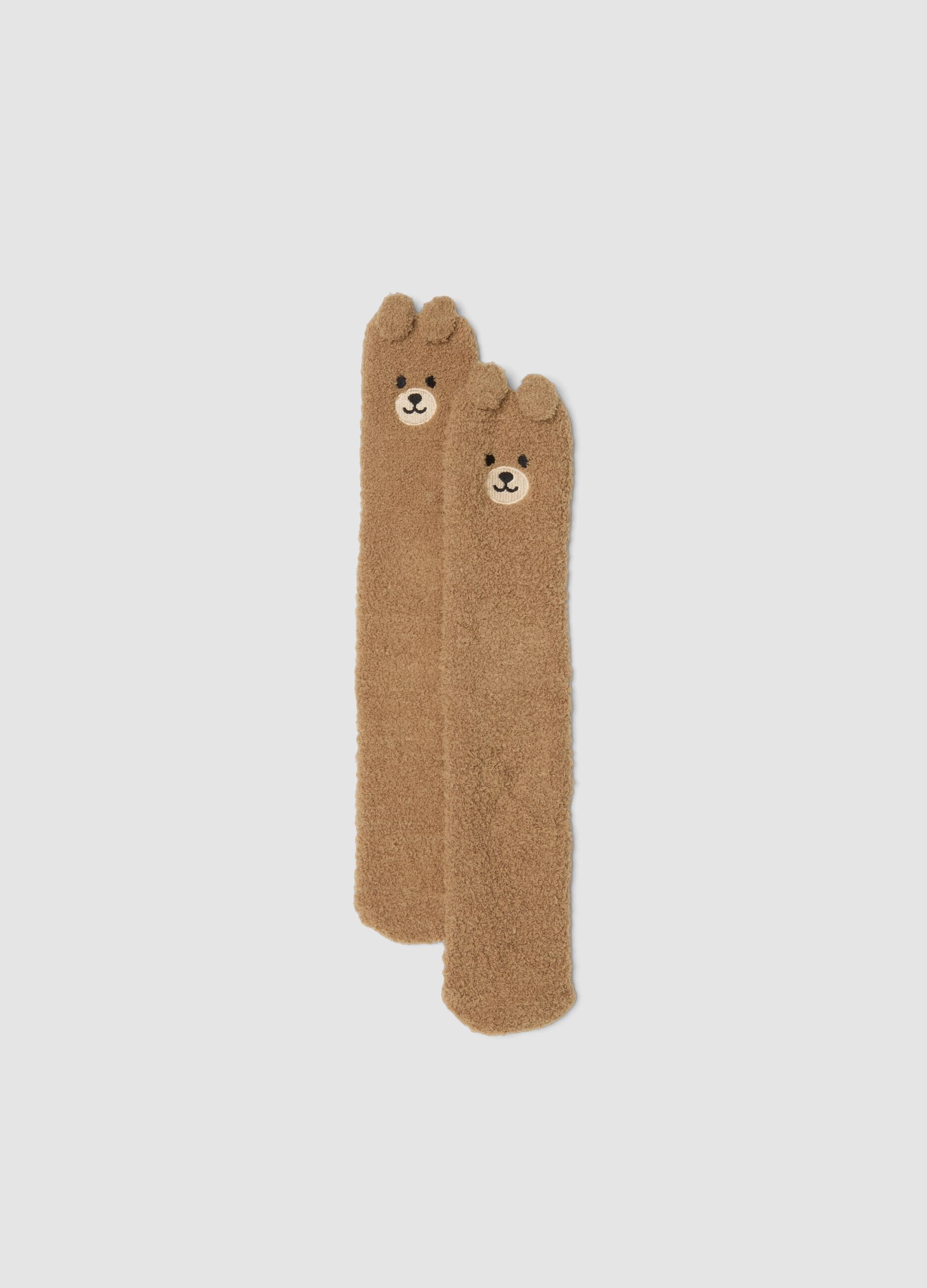 Beige stretch-fabric socks with teddy bear detail