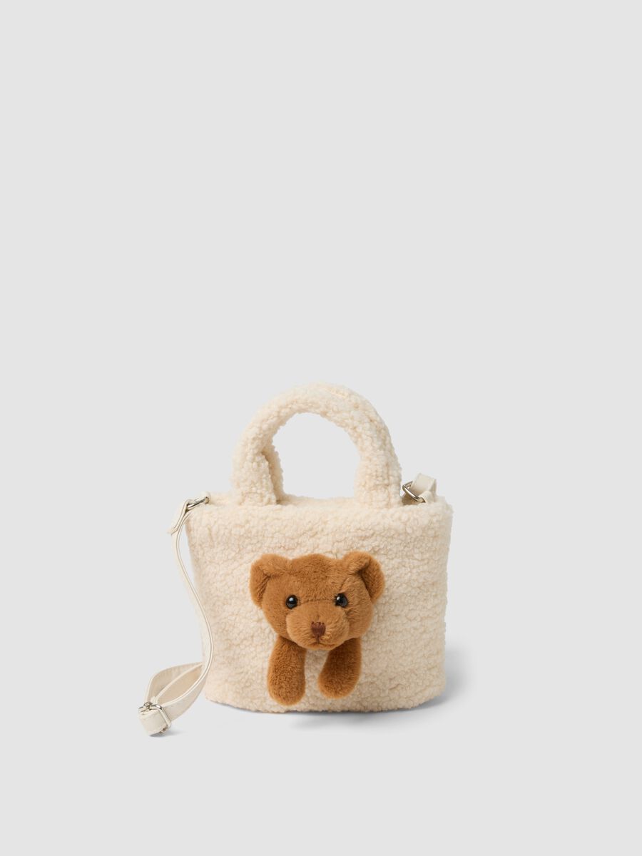Beige teddy-effect bag with teddy bear applique_0