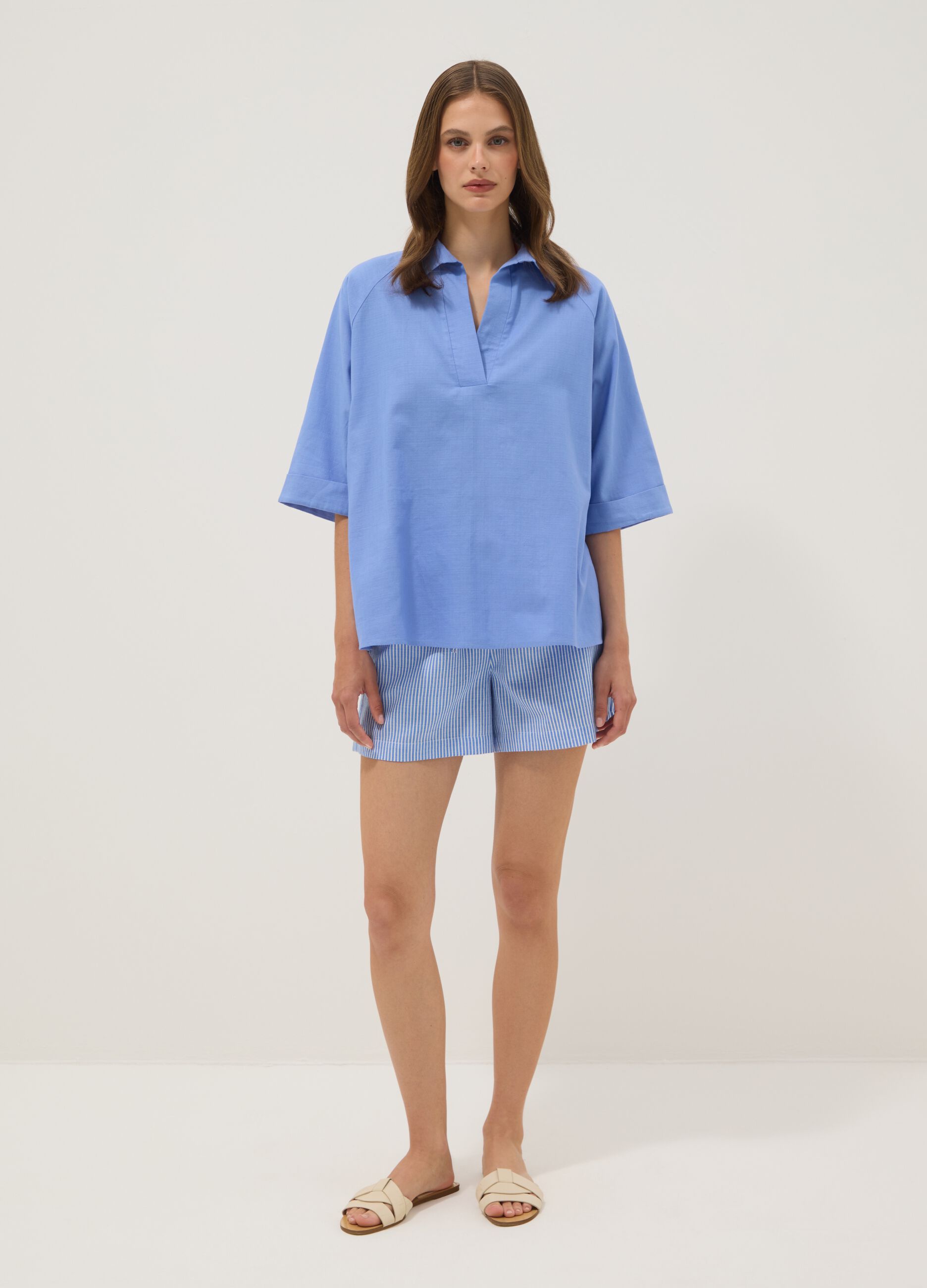 Light blue pure cotton V-neck top