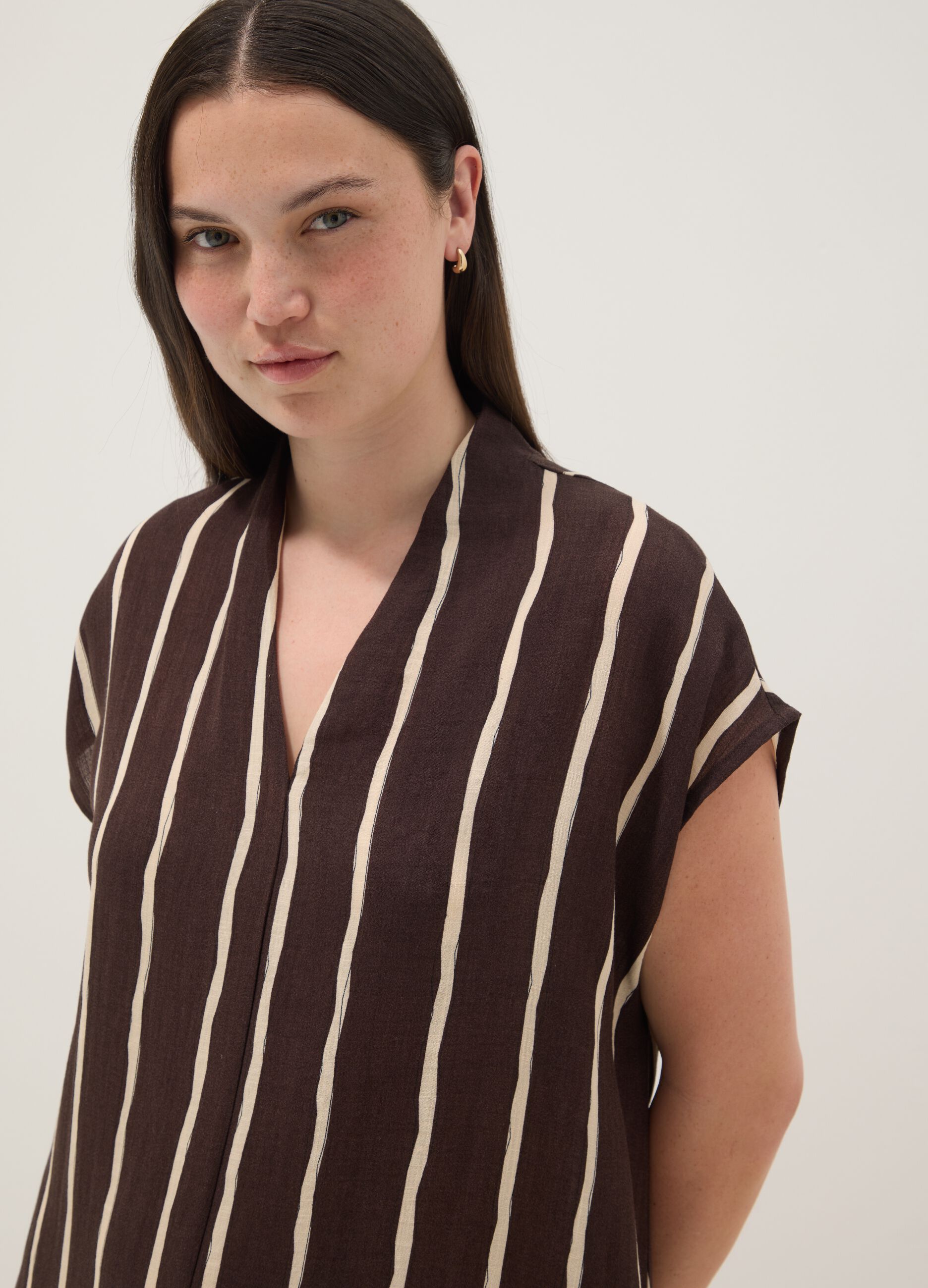 Brown striped viscose-blend midi dress