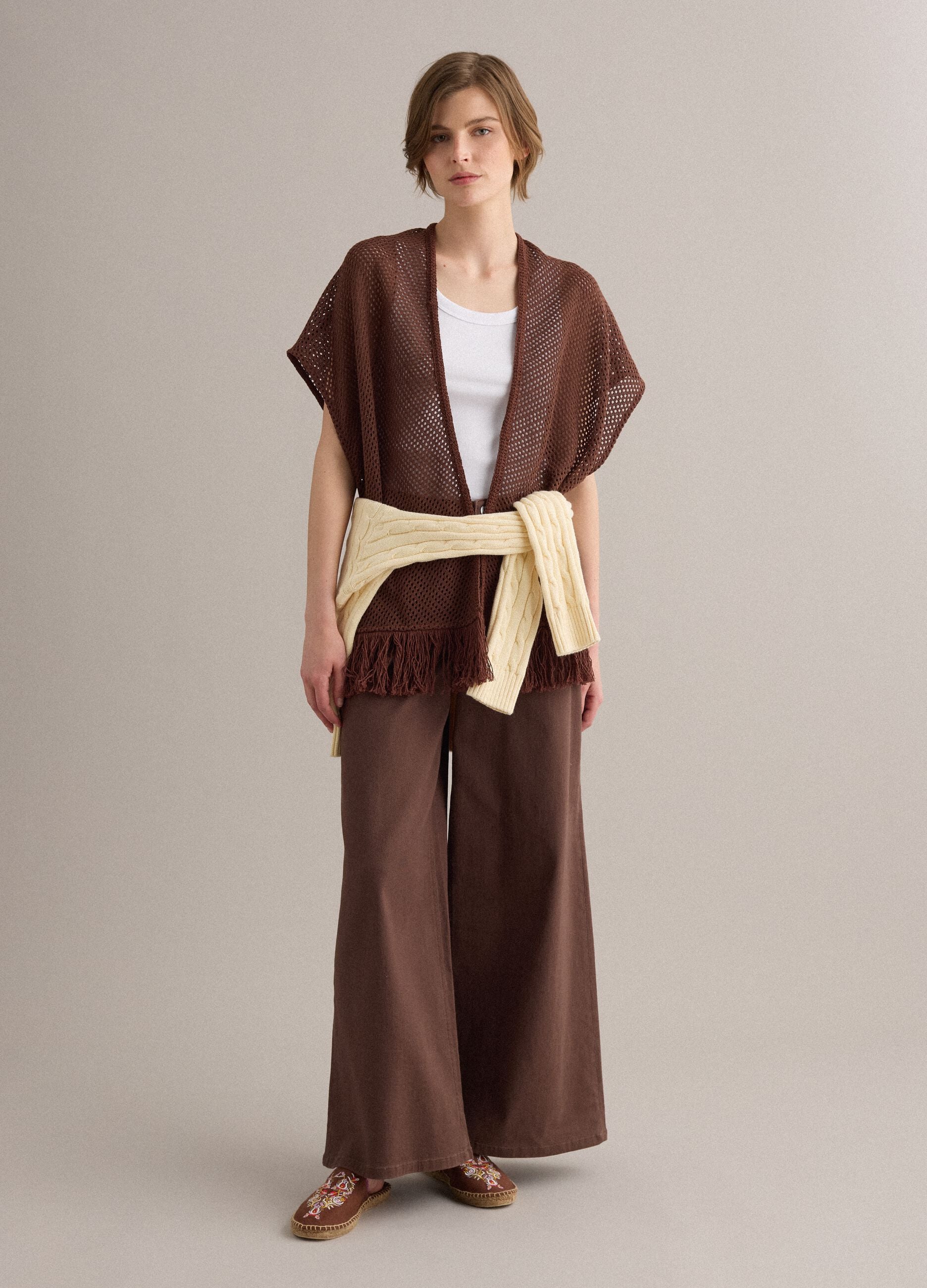 Brown fringed mesh-knit viscose-blend cardigan