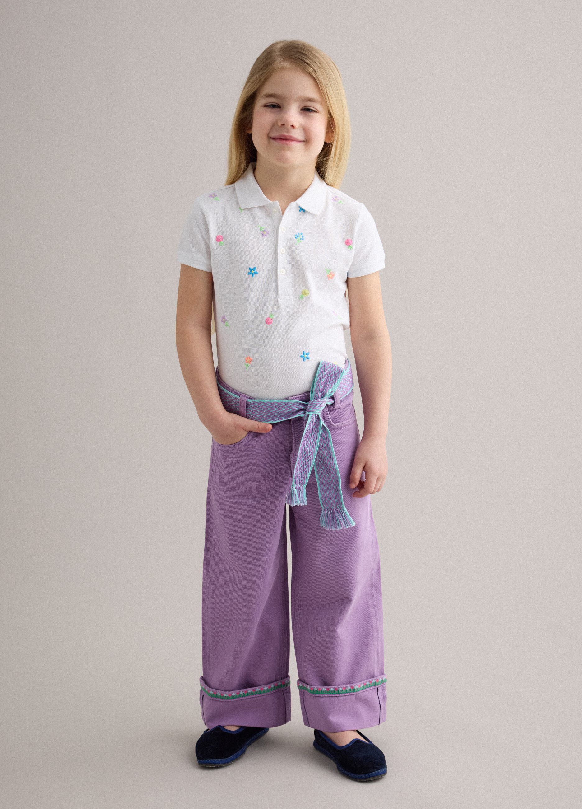 Purple pure cotton regular fit trousers with bow