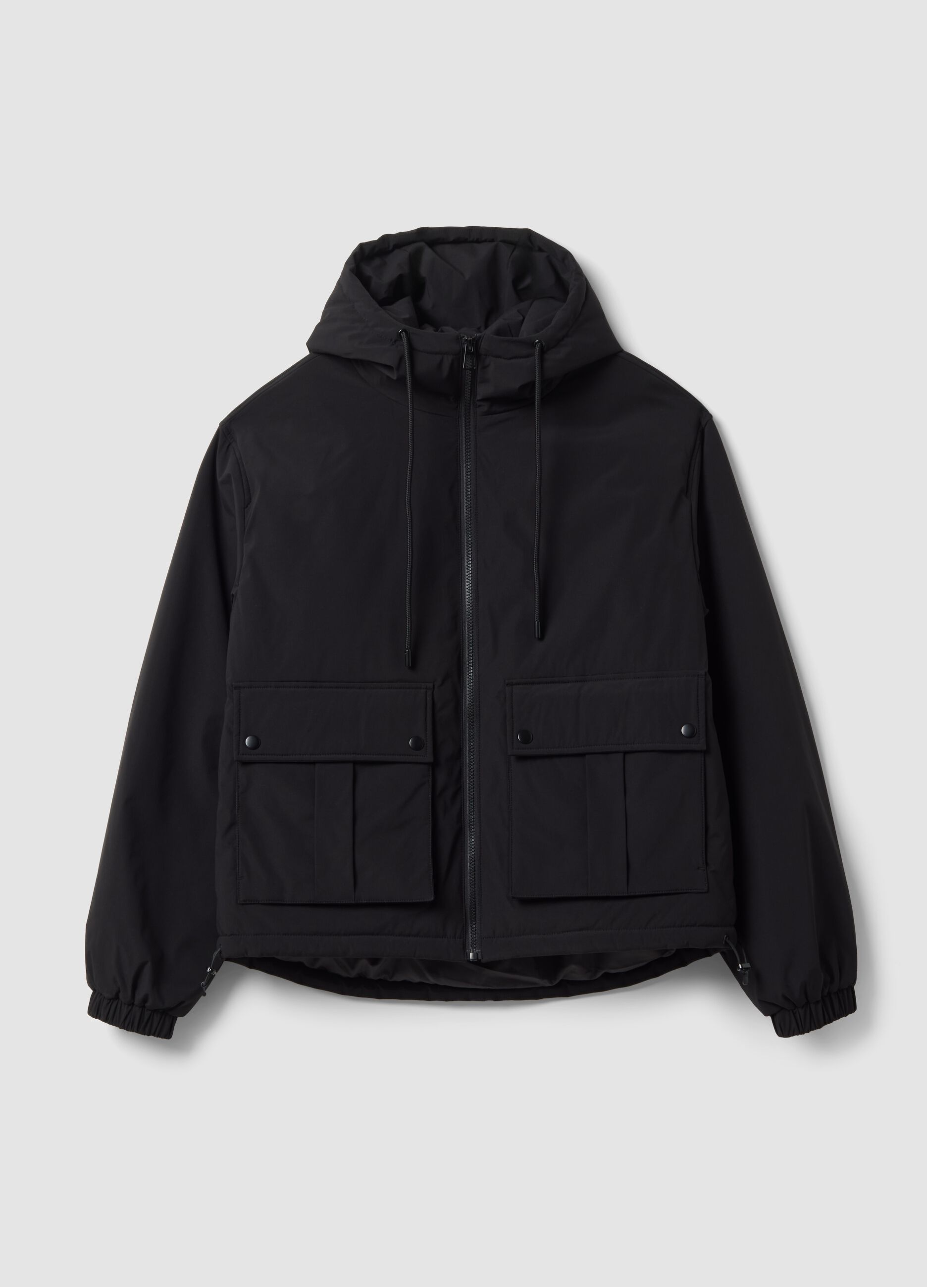 Black padded hooded jacket with zip, oversized fit