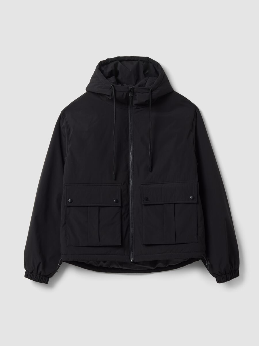Black padded hooded jacket with zip, oversized fit_4