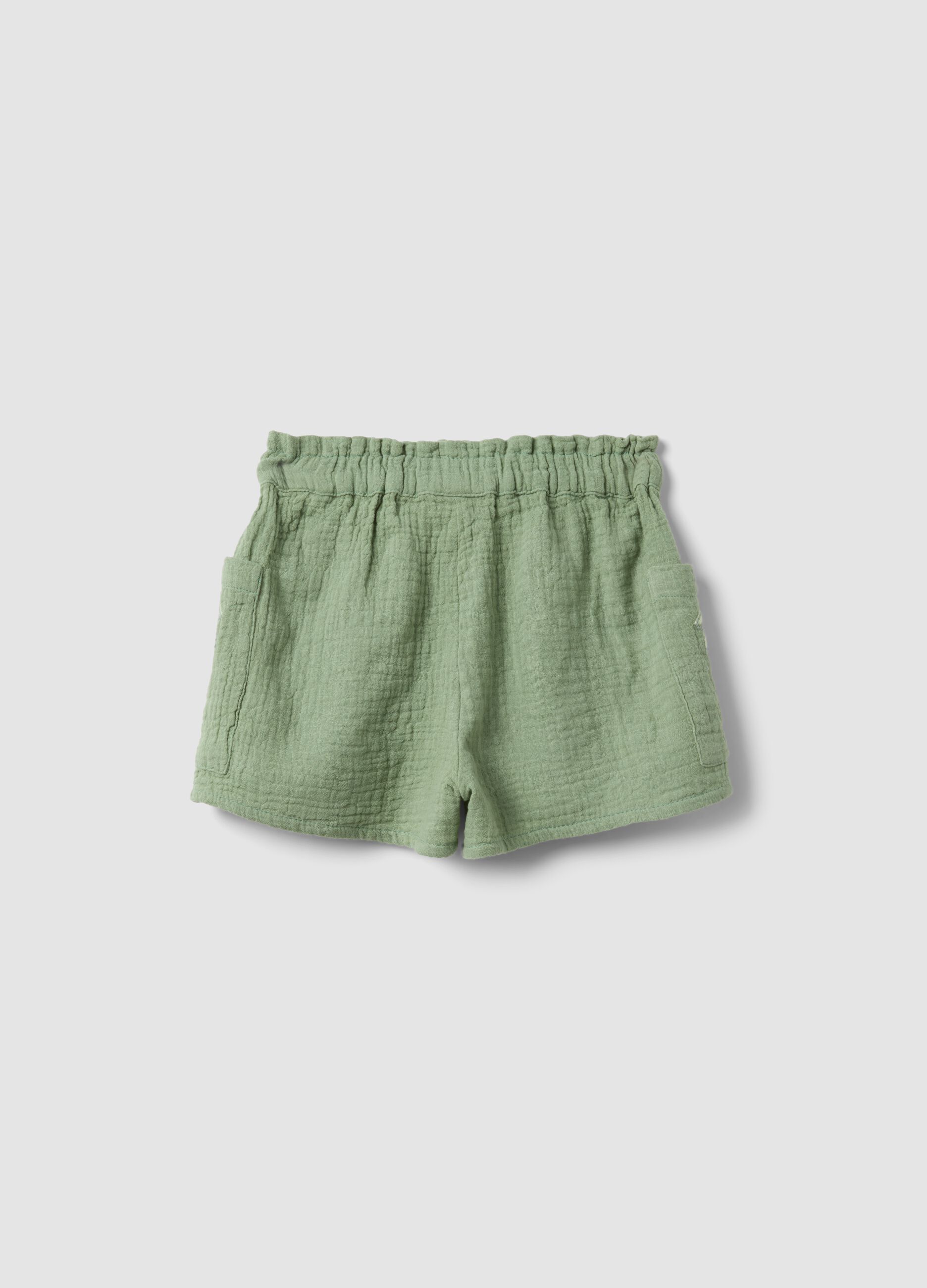 Green pure cotton shorts with floral embroidery for baby girl, regular fit