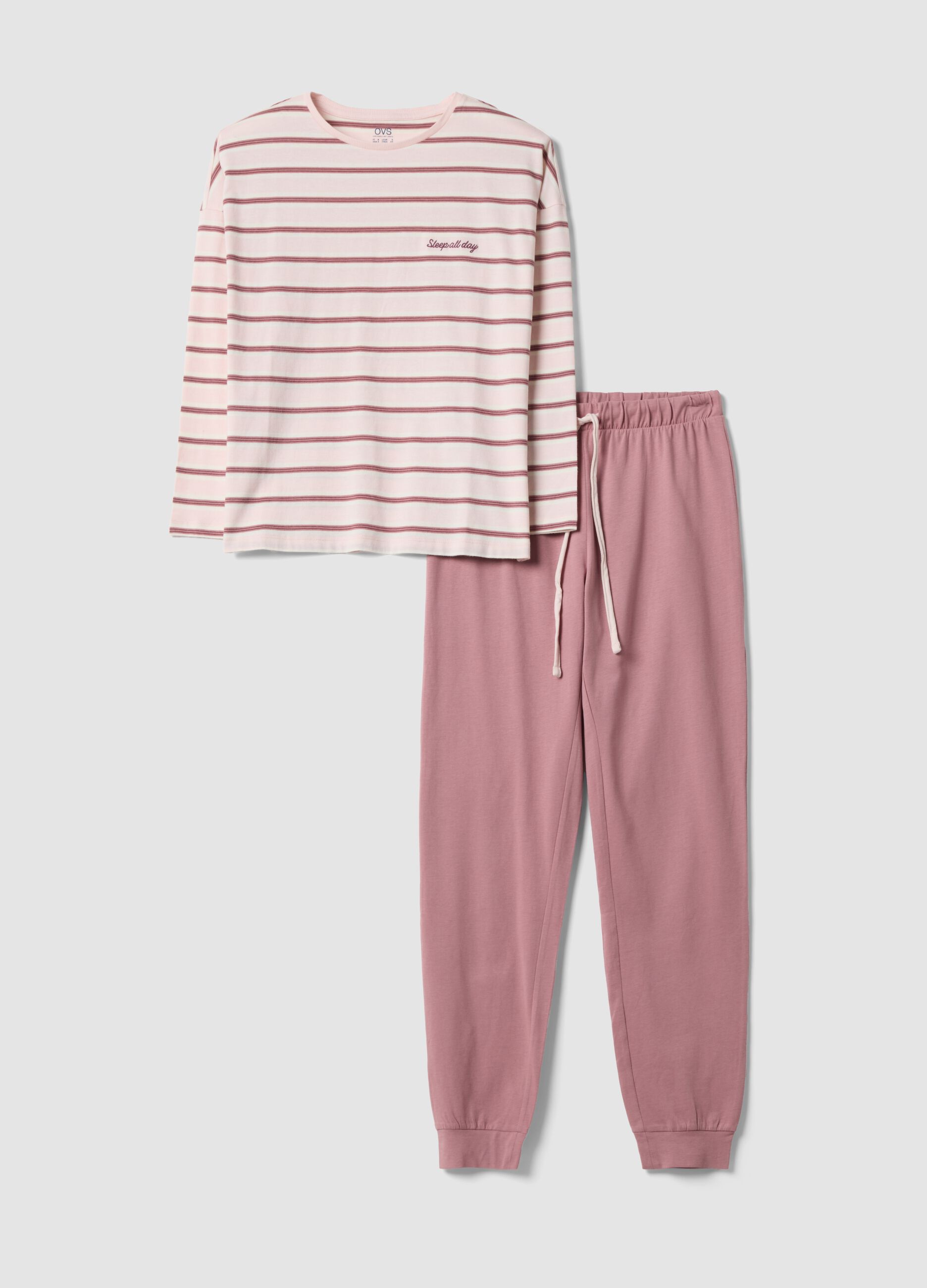 Pink pure organic cotton striped crew-neck pyjamas